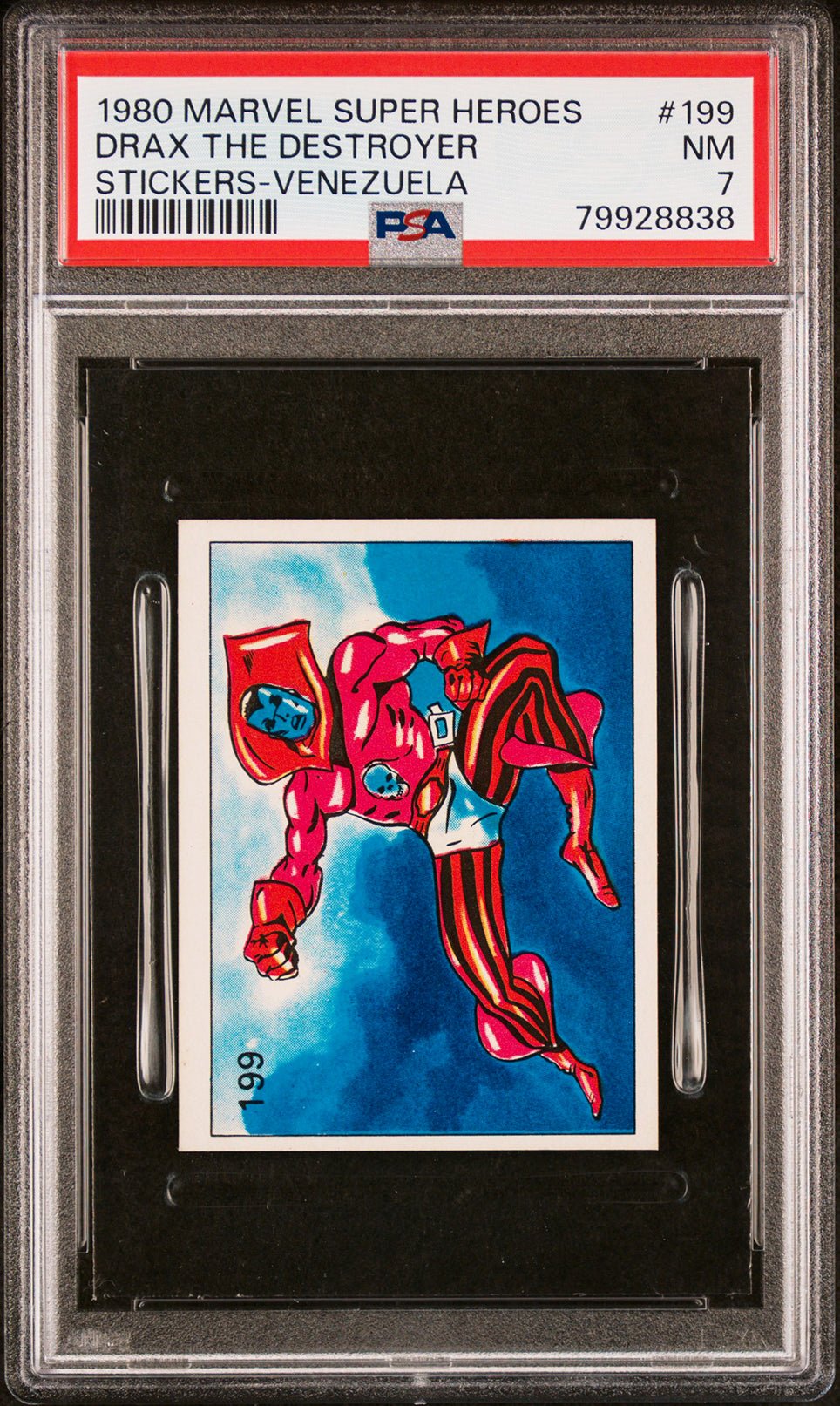 DRAX THE DESTROYER PSA 7 1980 Marvel Super Heroes Sticker Venezuela #199 Marvel Graded Cards Sticker - Hobby Gems