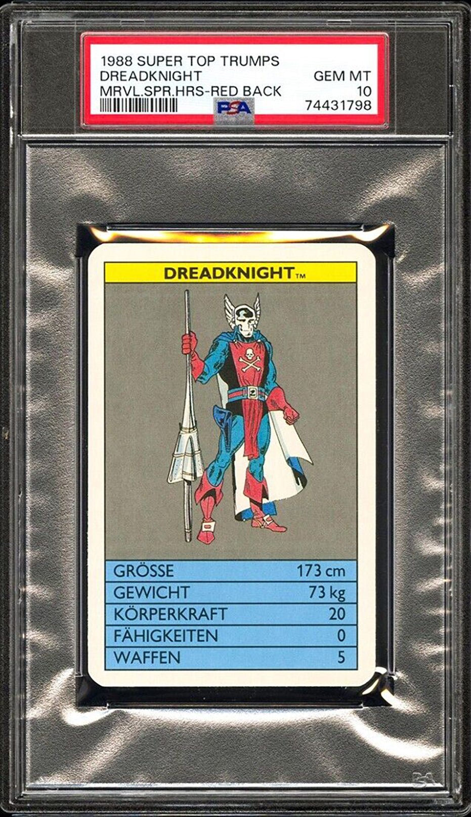 DREADKNIGHT PSA 10 1988 Super Top Trumps Marvel Super Heroes Red Back Marvel Base Graded Cards - Hobby Gems