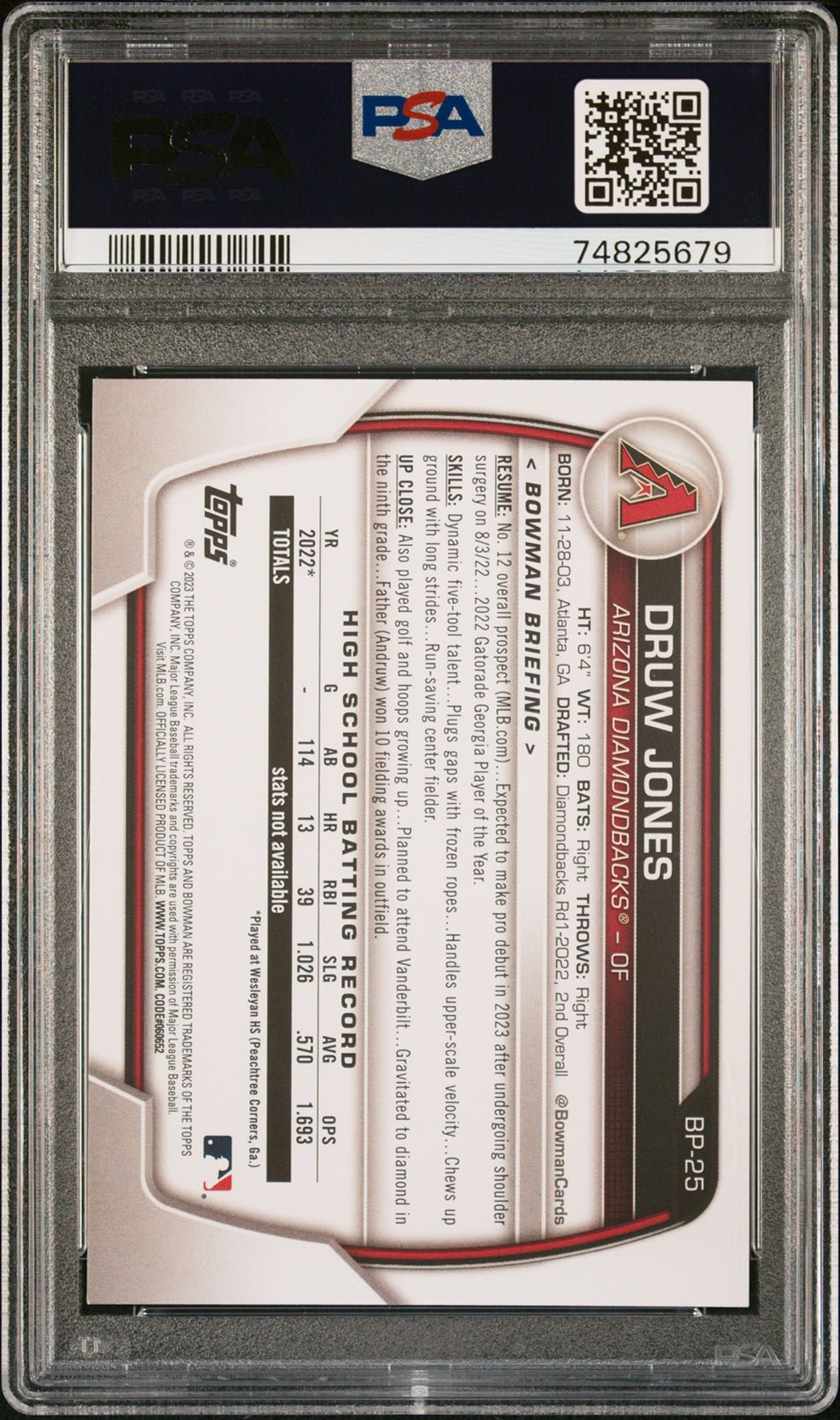 DRUW JONES PSA 9 2023 Bowman Prospects #BP25 Baseball Base Graded Cards - Hobby Gems