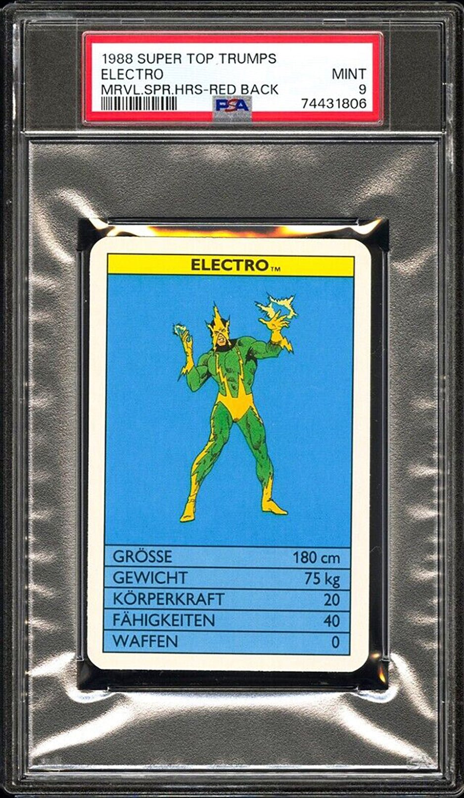 ELECTRO PSA 9 1988 Super Top Trumps Marvel Super Heroes Red Back Marvel Base Graded Cards - Hobby Gems