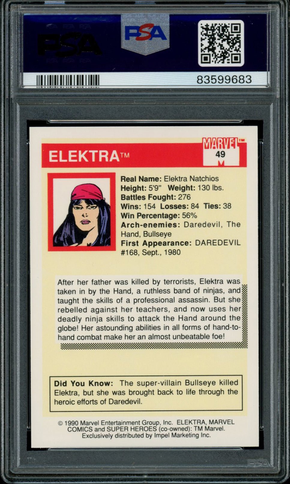 ELEKTRA PSA 10 1990 Skybox Marvel Universe #49 C2 Marvel Base Graded Cards - Hobby Gems