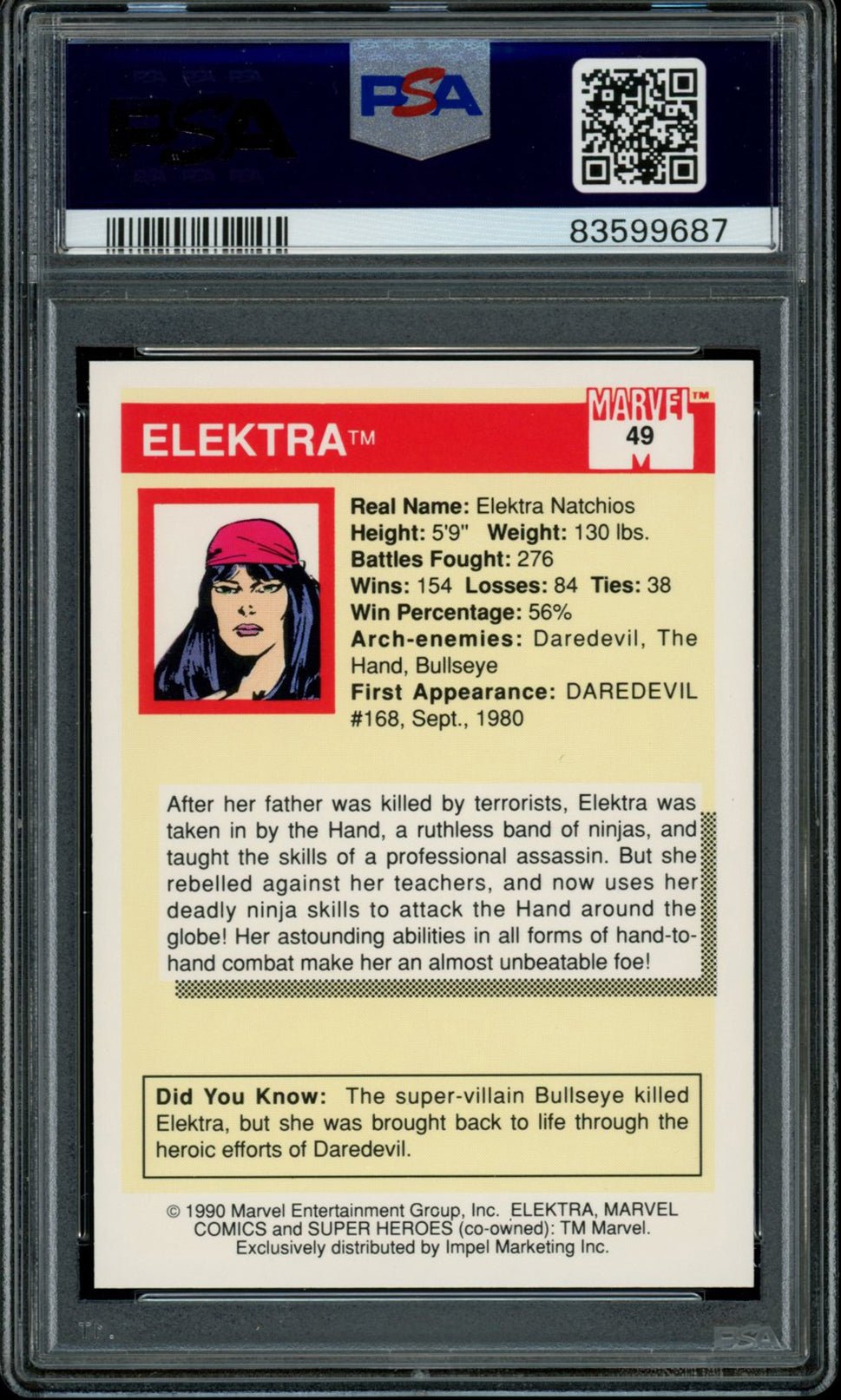 ELEKTRA PSA 10 1990 Skybox Marvel Universe #49 Marvel Base Graded Cards - Hobby Gems