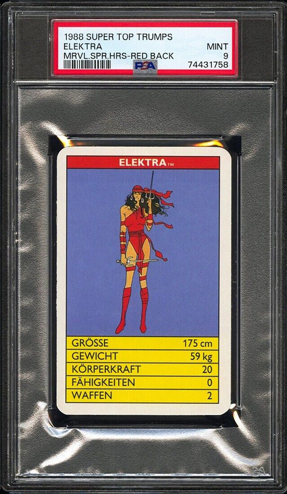 ELEKTRA PSA 9 1988 Super Top Trumps Marvel Super Heroes Red Back C1 Marvel Base Graded Cards - Hobby Gems