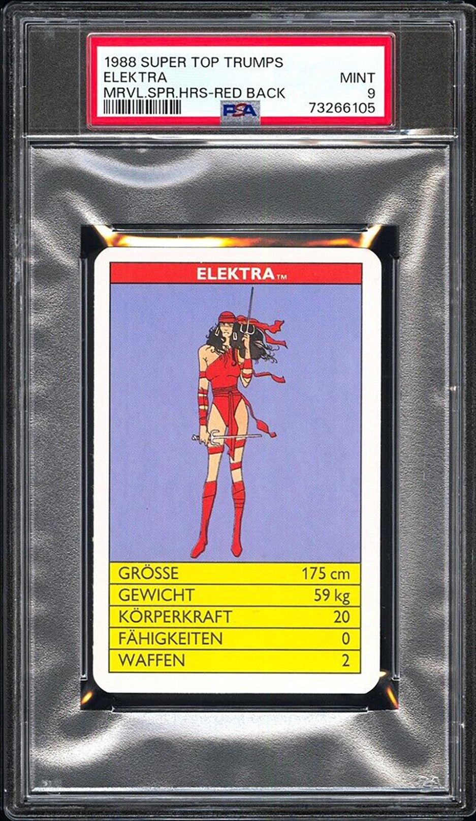 ELEKTRA PSA 9 1988 Super Top Trumps Marvel Super Heroes Red Back C2 Marvel Base Graded Cards - Hobby Gems