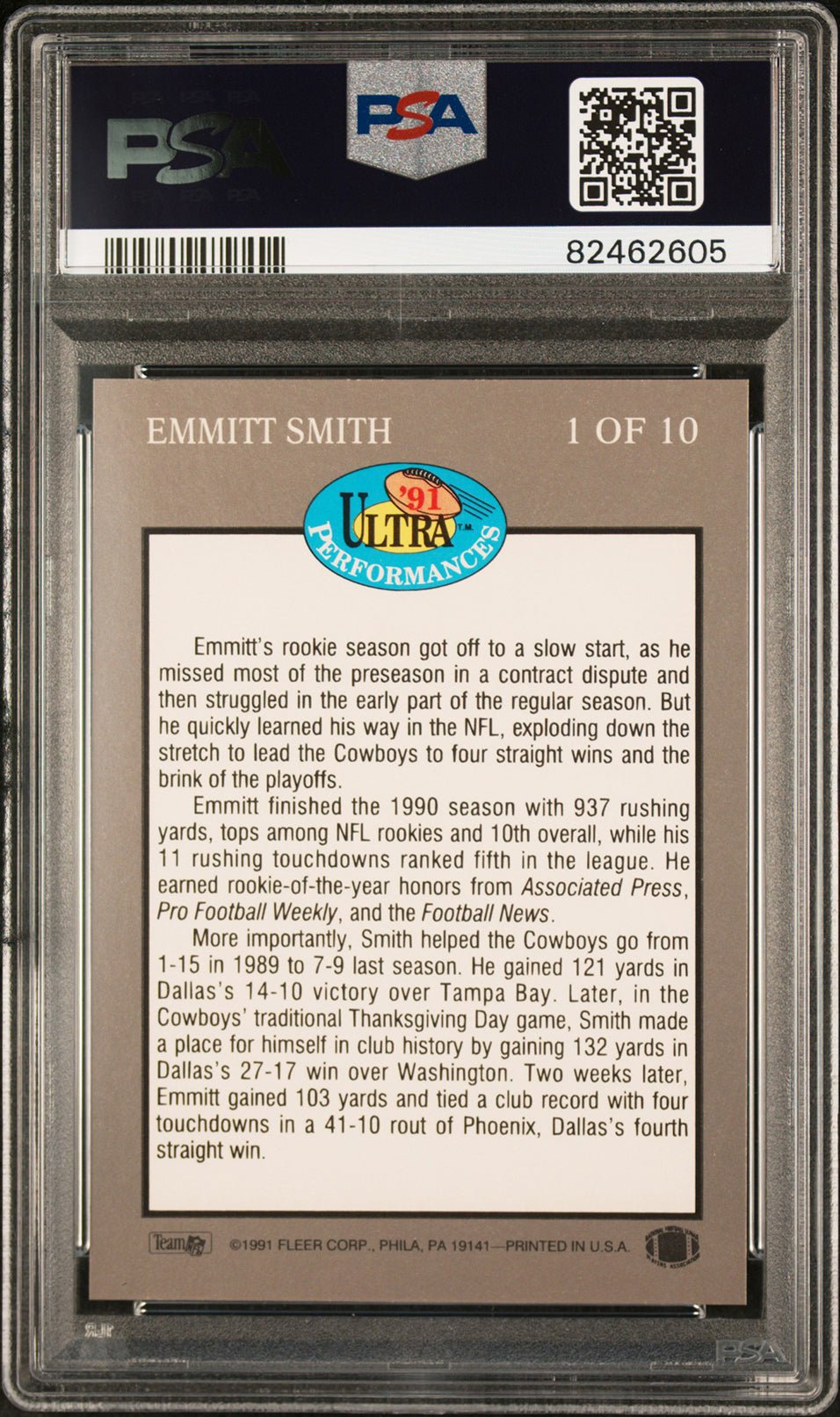 EMMITT SMITH PSA 10 1991 Fleer Ultra Performances #1 C1 Football Graded Cards Insert - Hobby Gems