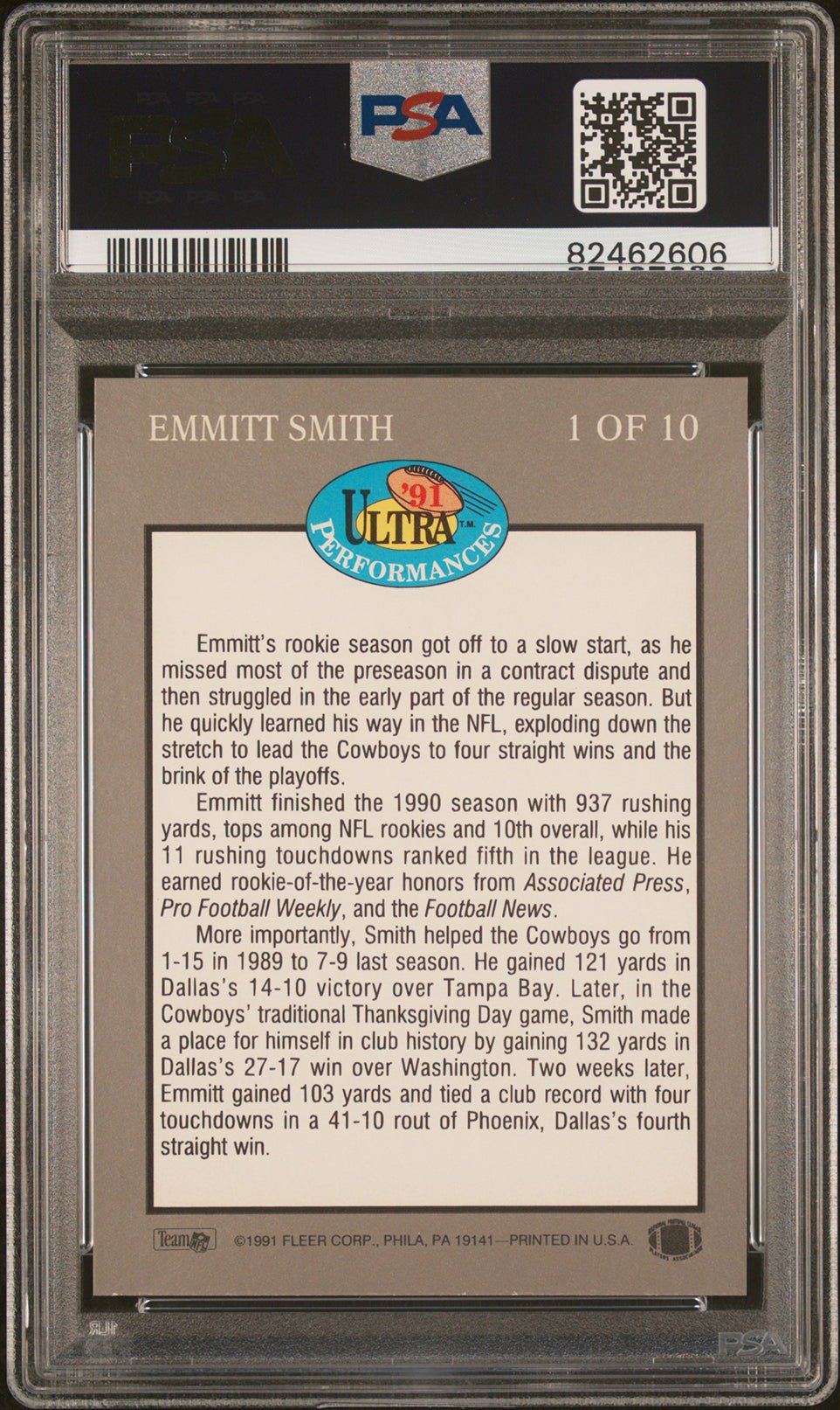 EMMITT SMITH PSA 10 1991 Fleer Ultra Performances #1 C2 Football Graded Cards Insert - Hobby Gems