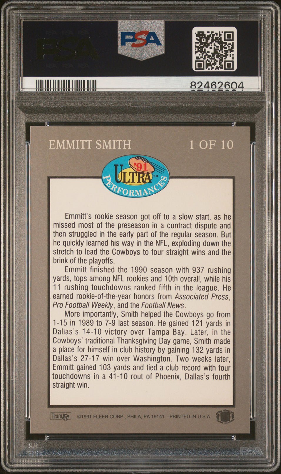 EMMITT SMITH PSA 9 1991 Fleer Ultra Performances #1 Football Graded Cards Insert - Hobby Gems