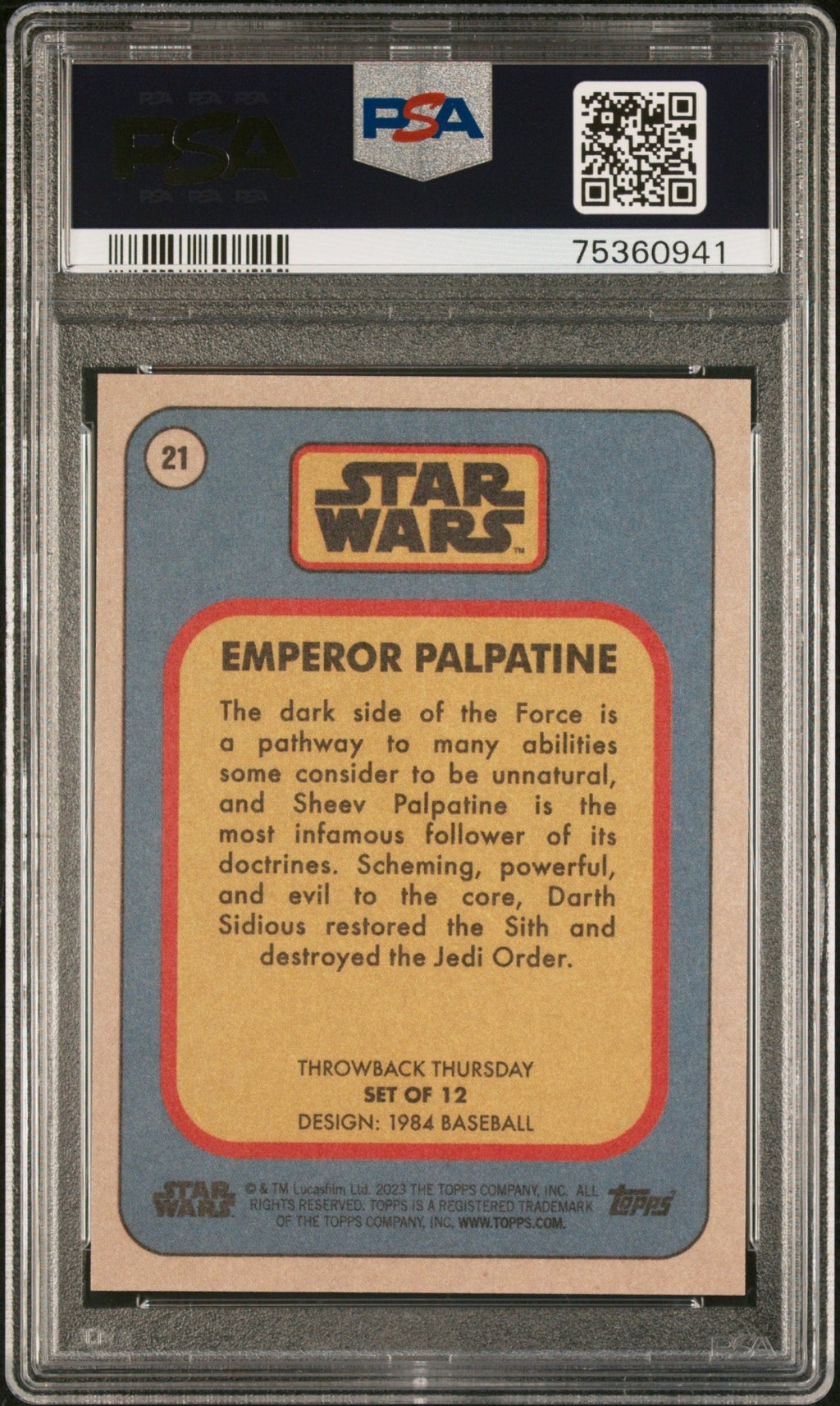 EMPEROR PALPATINE PSA 10 2023 Topps Star Wars Throwback Thursday TBT #21 C1 Star Wars Base Graded Cards - Hobby Gems