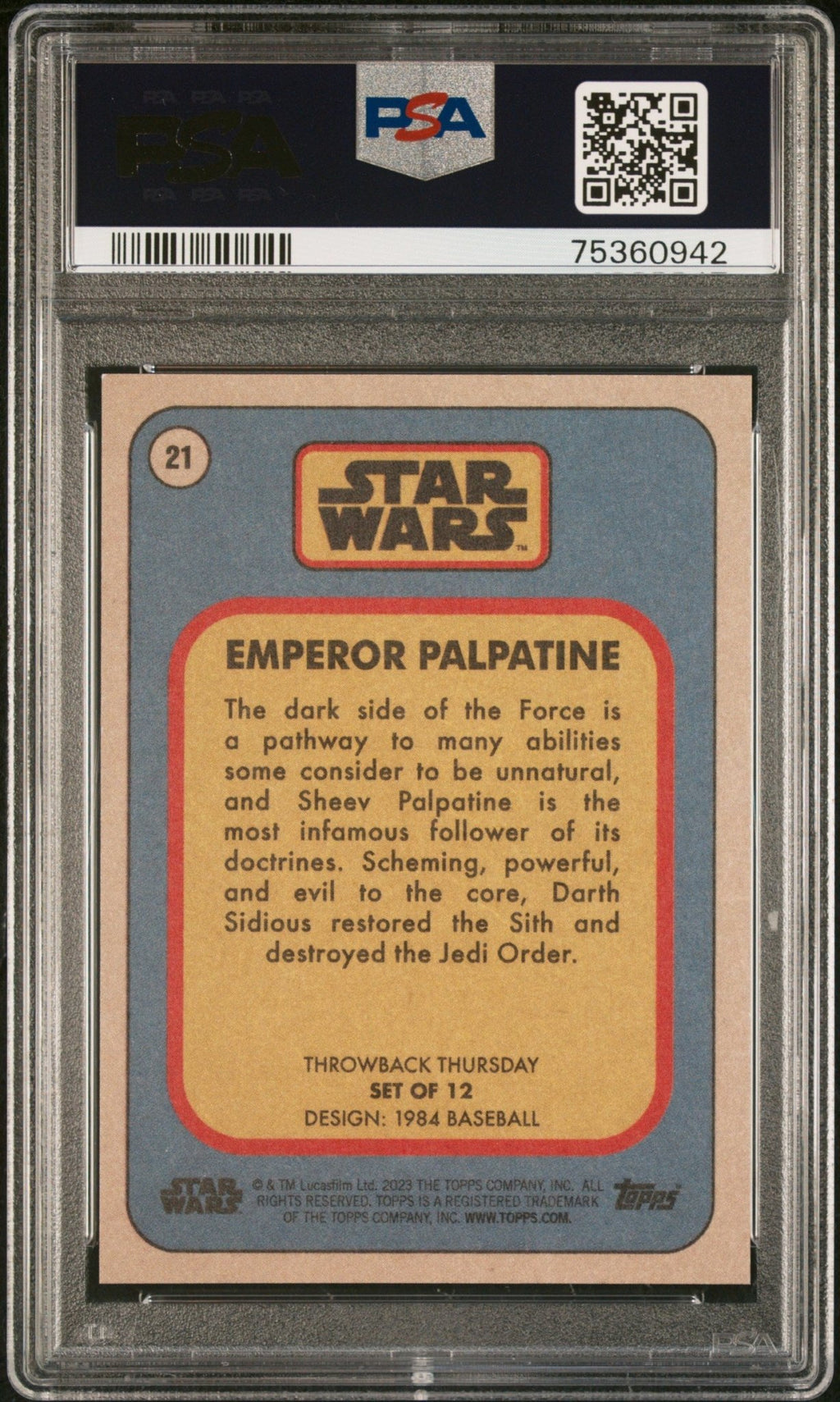 EMPEROR PALPATINE PSA 10 2023 Topps Star Wars Throwback Thursday TBT #21 C2 Star Wars Base Graded Cards - Hobby Gems