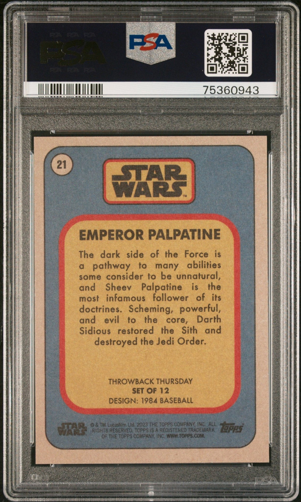 EMPEROR PALPATINE PSA 10 2023 Topps Star Wars Throwback Thursday TBT #21 C3 Star Wars Base Graded Cards - Hobby Gems