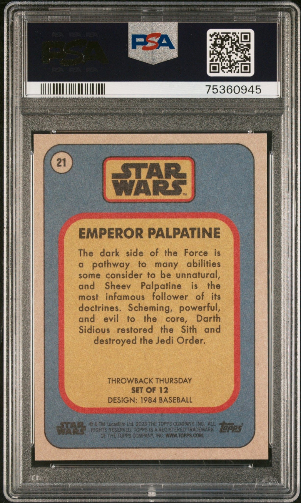 EMPEROR PALPATINE PSA 10 2023 Topps Star Wars Throwback Thursday TBT #21 C4 Star Wars Base Graded Cards - Hobby Gems