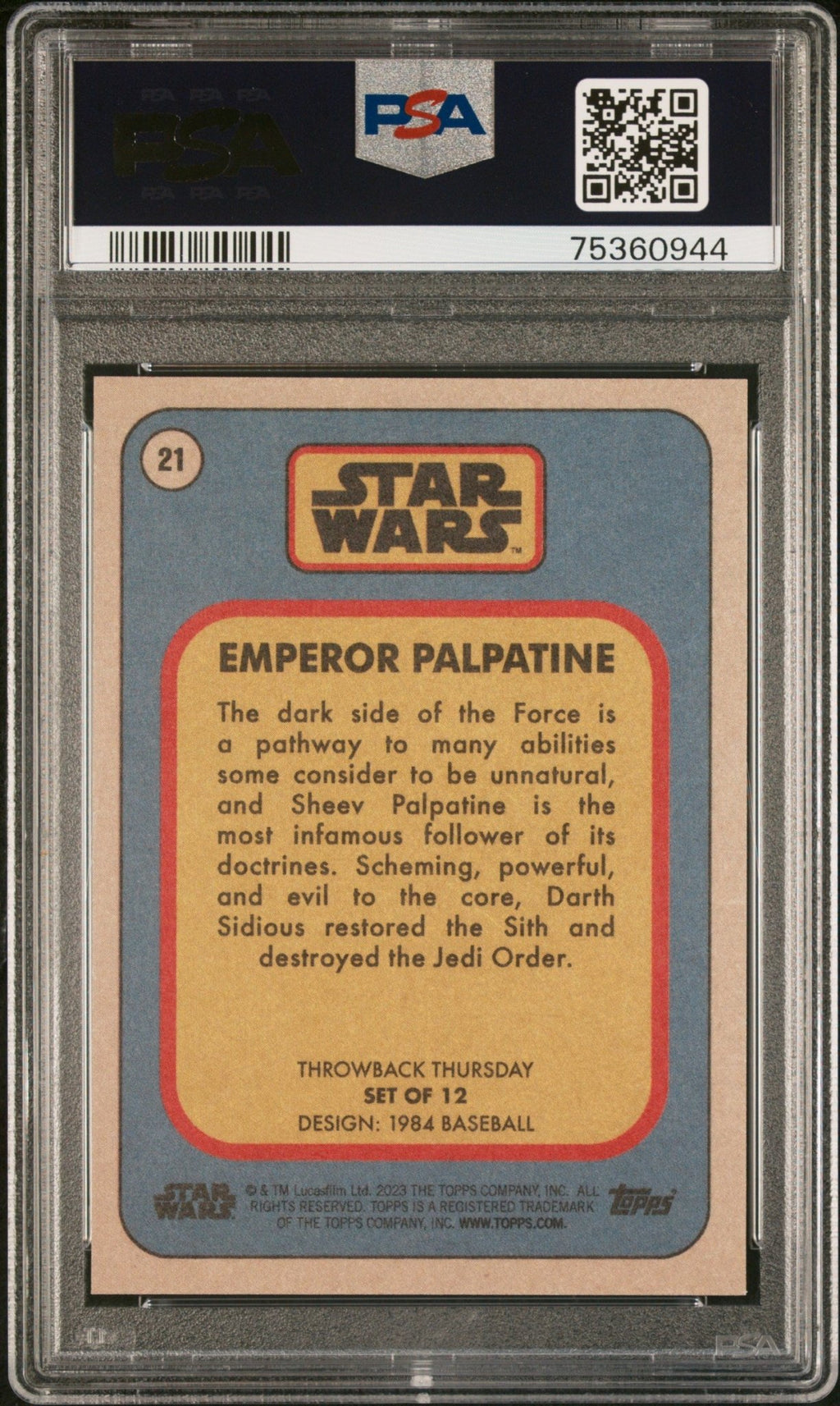 EMPEROR PALPATINE PSA 9 2023 Topps Star Wars Throwback Thursday TBT #21 Star Wars Base Graded Cards - Hobby Gems