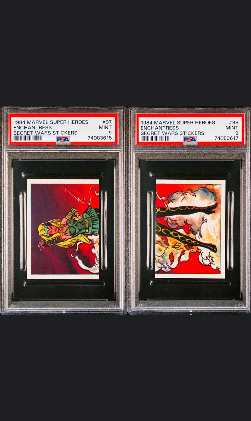 ENCHANTRESS PSA 9 1984 Marvel Super Heroes Secret Wars Stickers #97 #98 Marvel Graded Cards Sticker - Hobby Gems