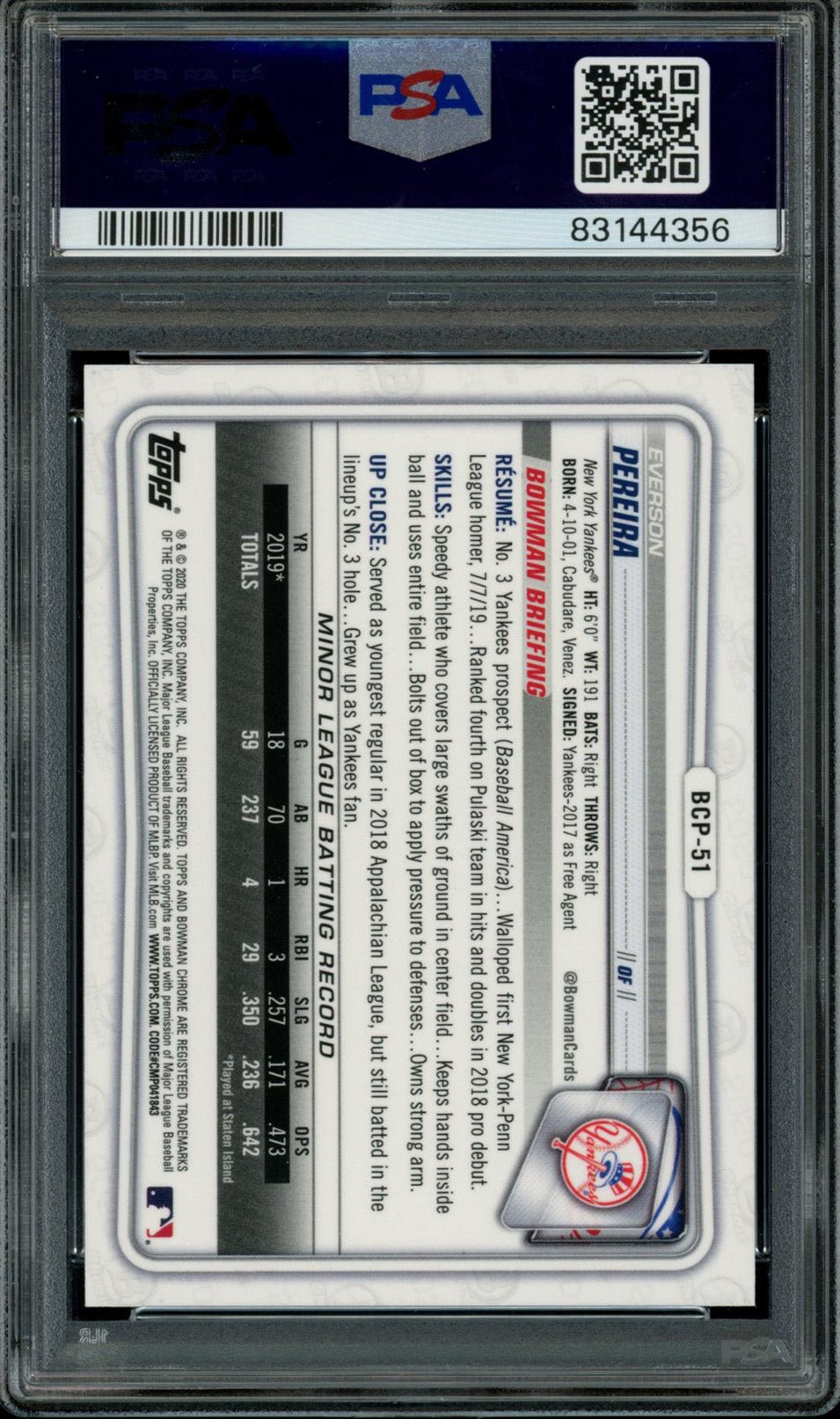 EVERSON PEREIRA PSA 10 2020 Bowman Chrome Prospects 1st Sapphire #BCP51 Baseball Base Graded Cards Prospect - Hobby Gems