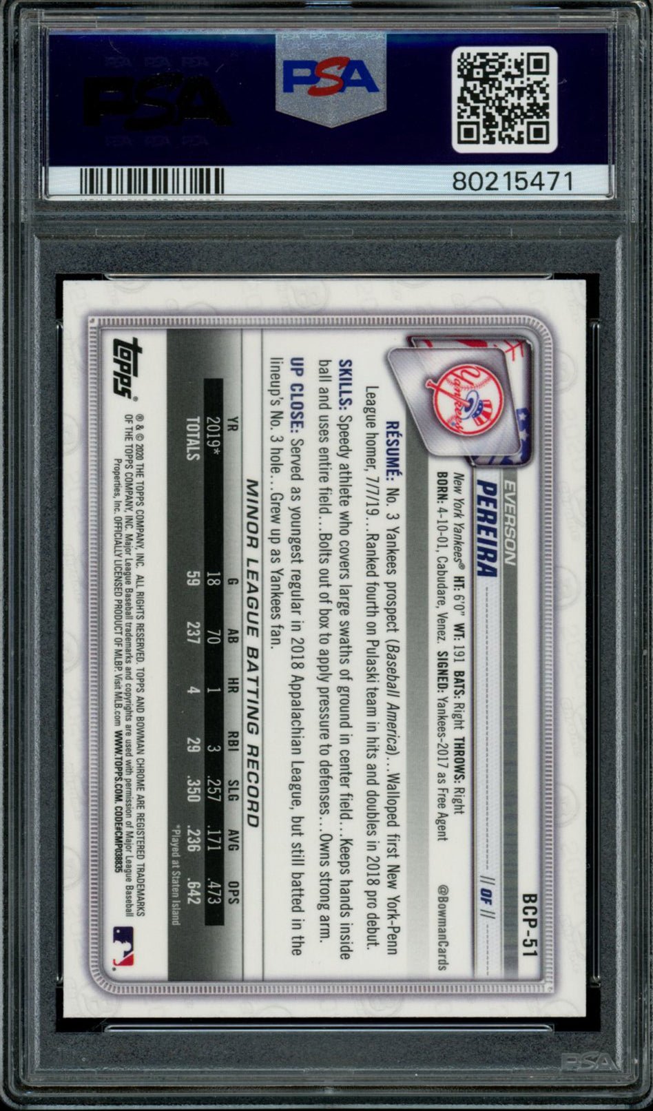 EVERSON PEREIRA PSA 10 2020 Bowman Chrome Prospects Mega Box #BCP51 Baseball Base Graded Cards Prospect - Hobby Gems