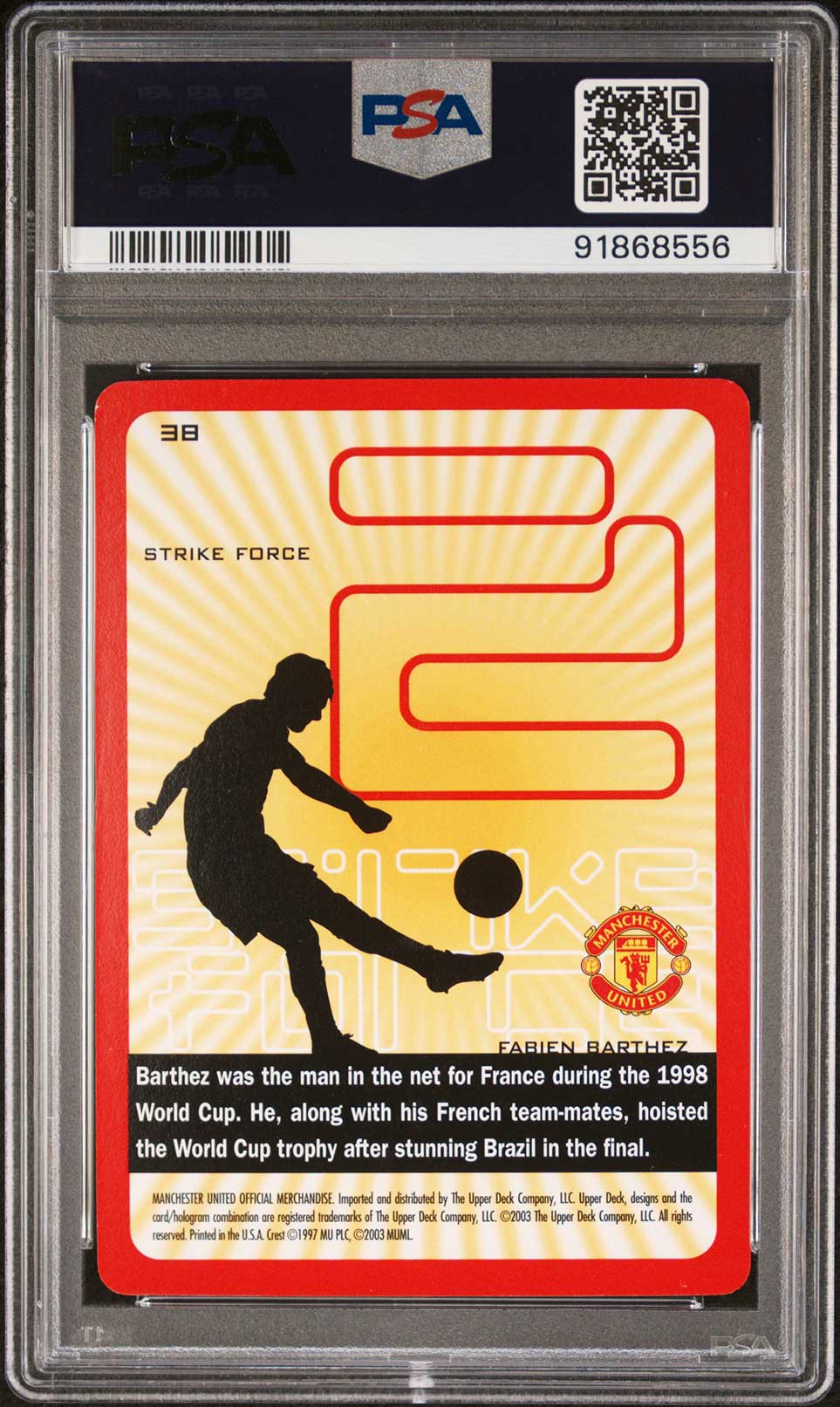 FABIEN BARTHEZ PSA 10 2003 Upper Deck Manchester United Strike Force #38 Soccer Base Graded Cards - Hobby Gems