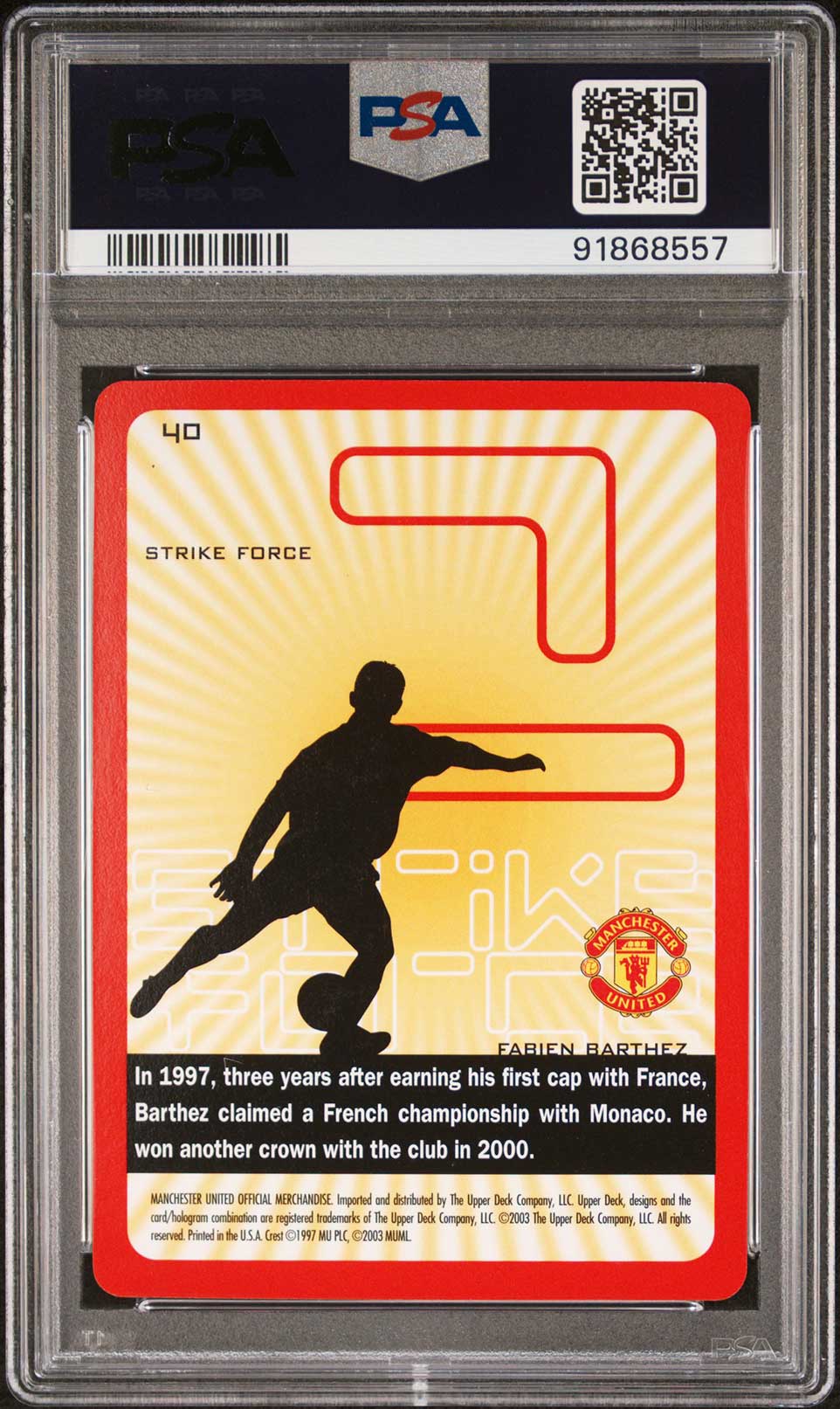 FABIEN BARTHEZ PSA 9 2003 Upper Deck Manchester United Strike Force #40 Soccer Base Graded Cards - Hobby Gems