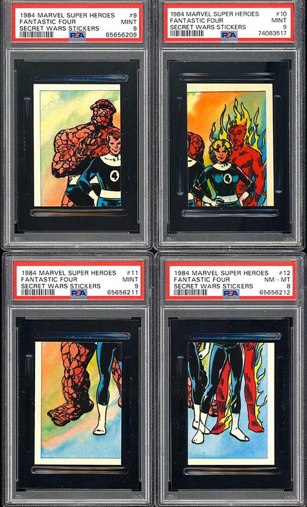 FANTASTIC FOUR PSA 9 8 1984 Marvel Super Heroes Secret Wars Stickers #9 #10 #11 #12 Marvel Graded Cards Sticker - Hobby Gems