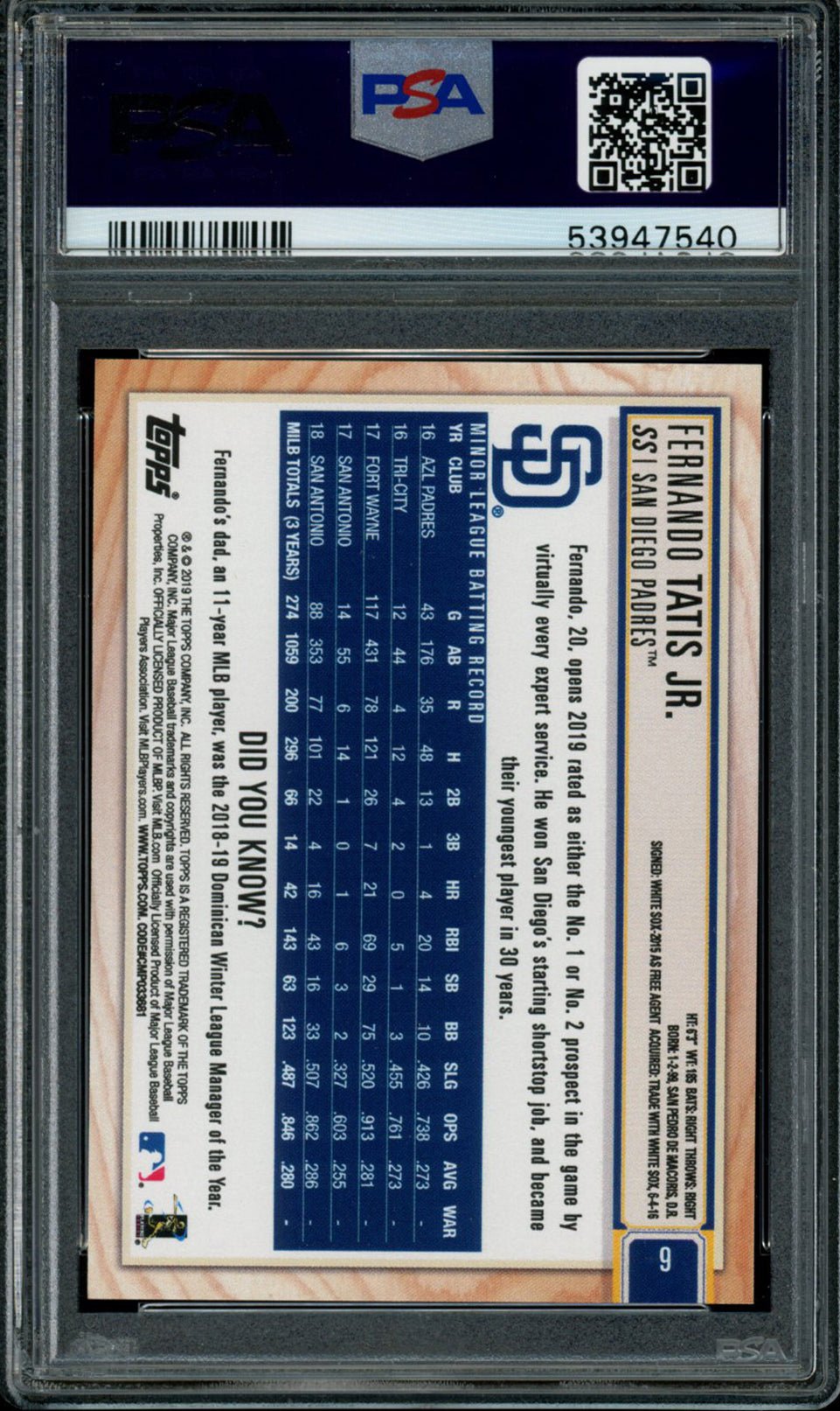 FERNANDO TATIS JR PSA 10 2019 Topps Big League Gold RC #6 Baseball Graded Cards Parallel RC - Hobby Gems