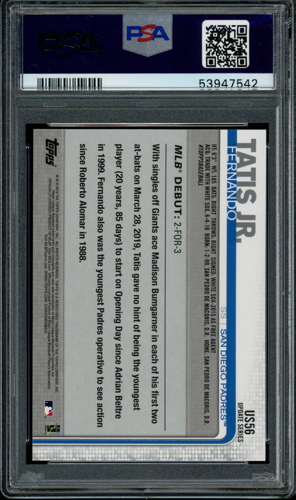 FERNANDO TATIS JR PSA 10 2019 Topps Update RC #US56 C1 Baseball Base Graded Cards RC - Hobby Gems