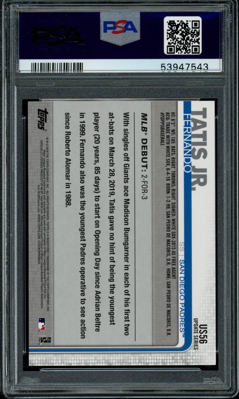 FERNANDO TATIS JR PSA 10 2019 Topps Update RC #US56 C2 Baseball Base Graded Cards RC - Hobby Gems