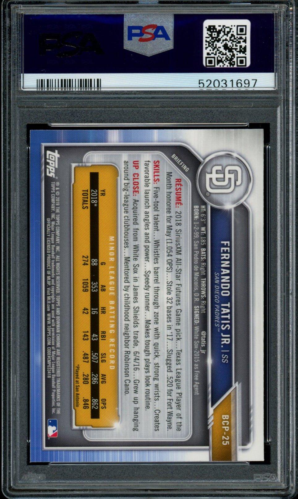 FERNANDO TATIS JR PSA 9 2019 Bowman Chrome Mega Box Refractor #BCP-25 C1 Baseball Graded Cards Parallel Prospect - Hobby Gems