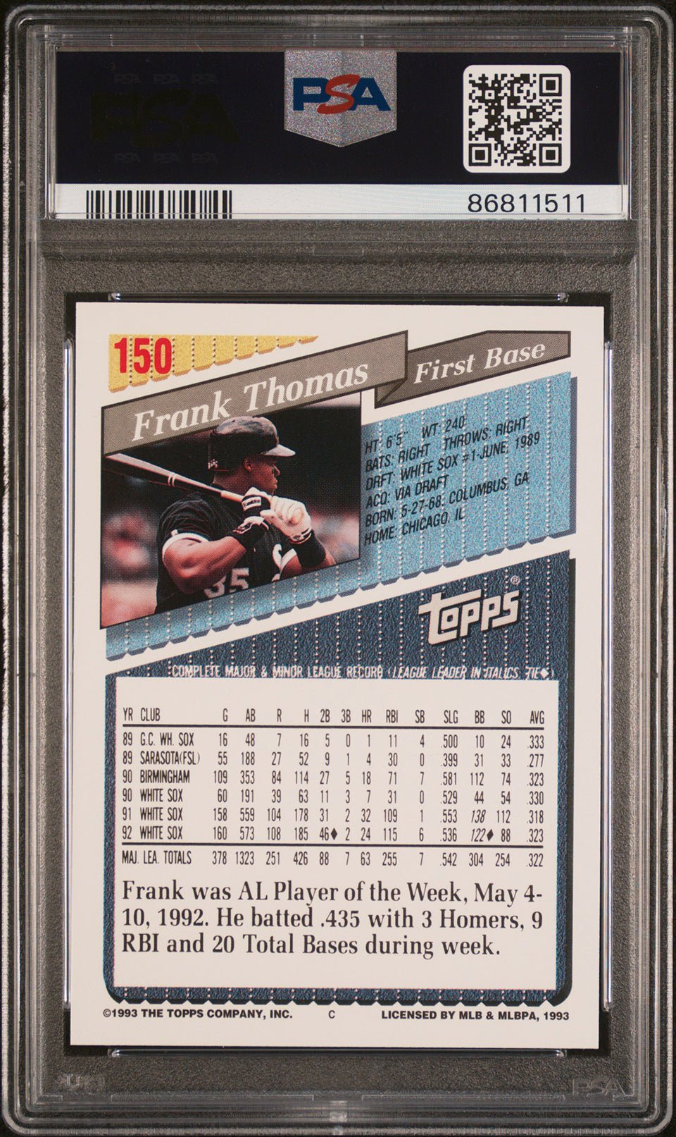 FRANK THOMAS PSA 10 1993 Topps #150 C1 Baseball Base Graded Cards - Hobby Gems