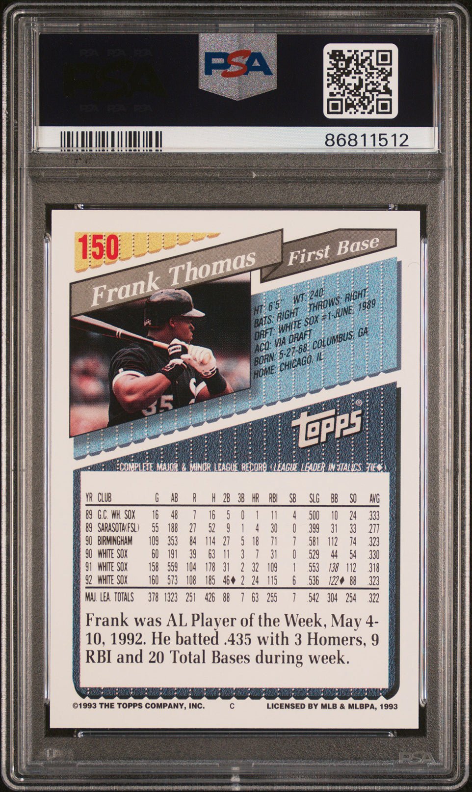 FRANK THOMAS PSA 10 1993 Topps #150 C2 Baseball Base Graded Cards - Hobby Gems