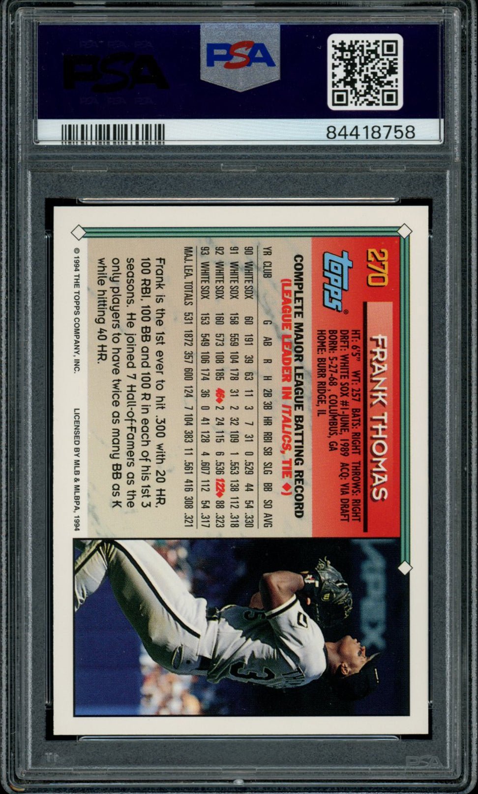 FRANK THOMAS PSA 10 1994 Topps Gold #270 C1 Baseball Graded Cards Parallel - Hobby Gems