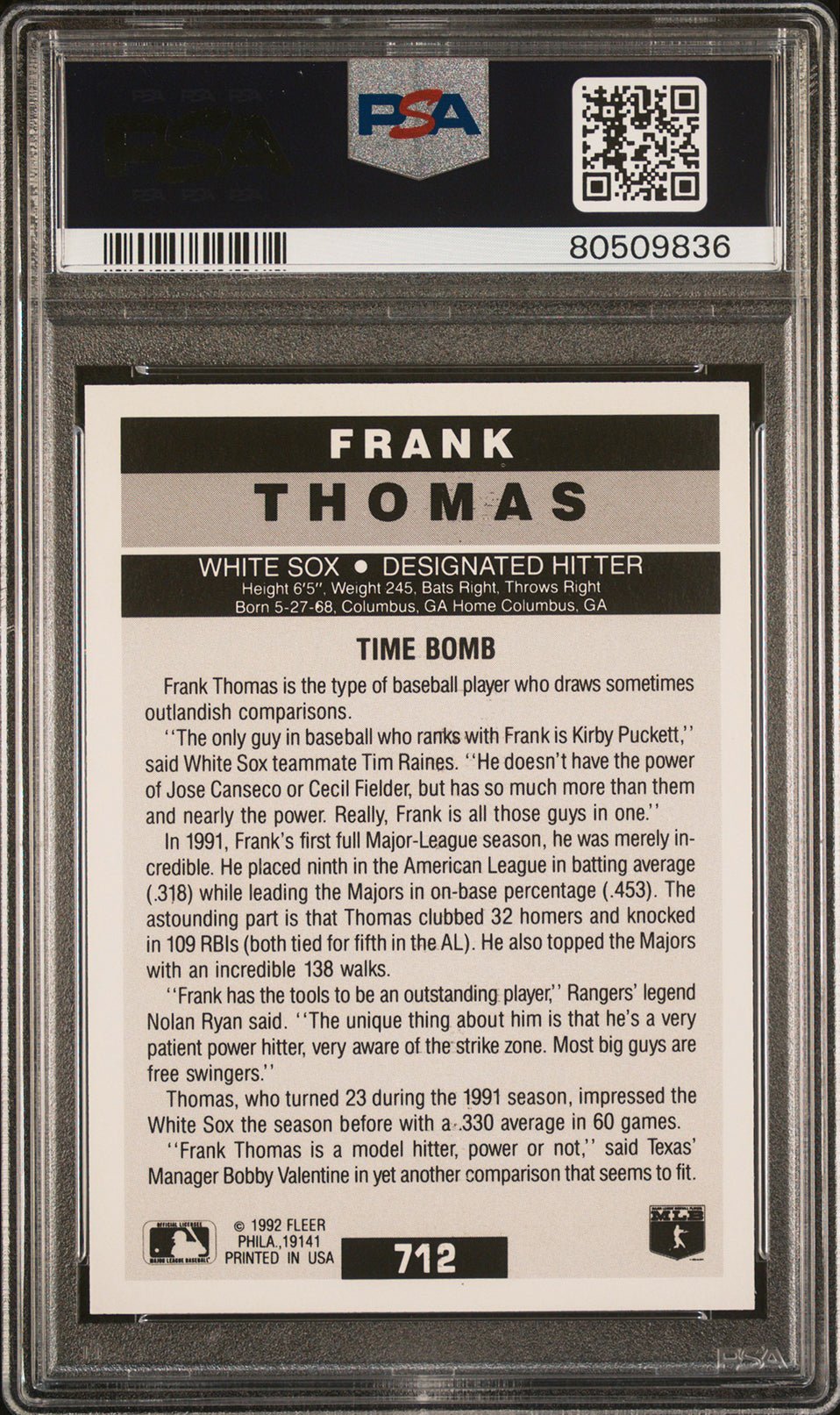 FRANK THOMAS PSA 8 1992 Fleer #712 Baseball Base Graded Cards - Hobby Gems