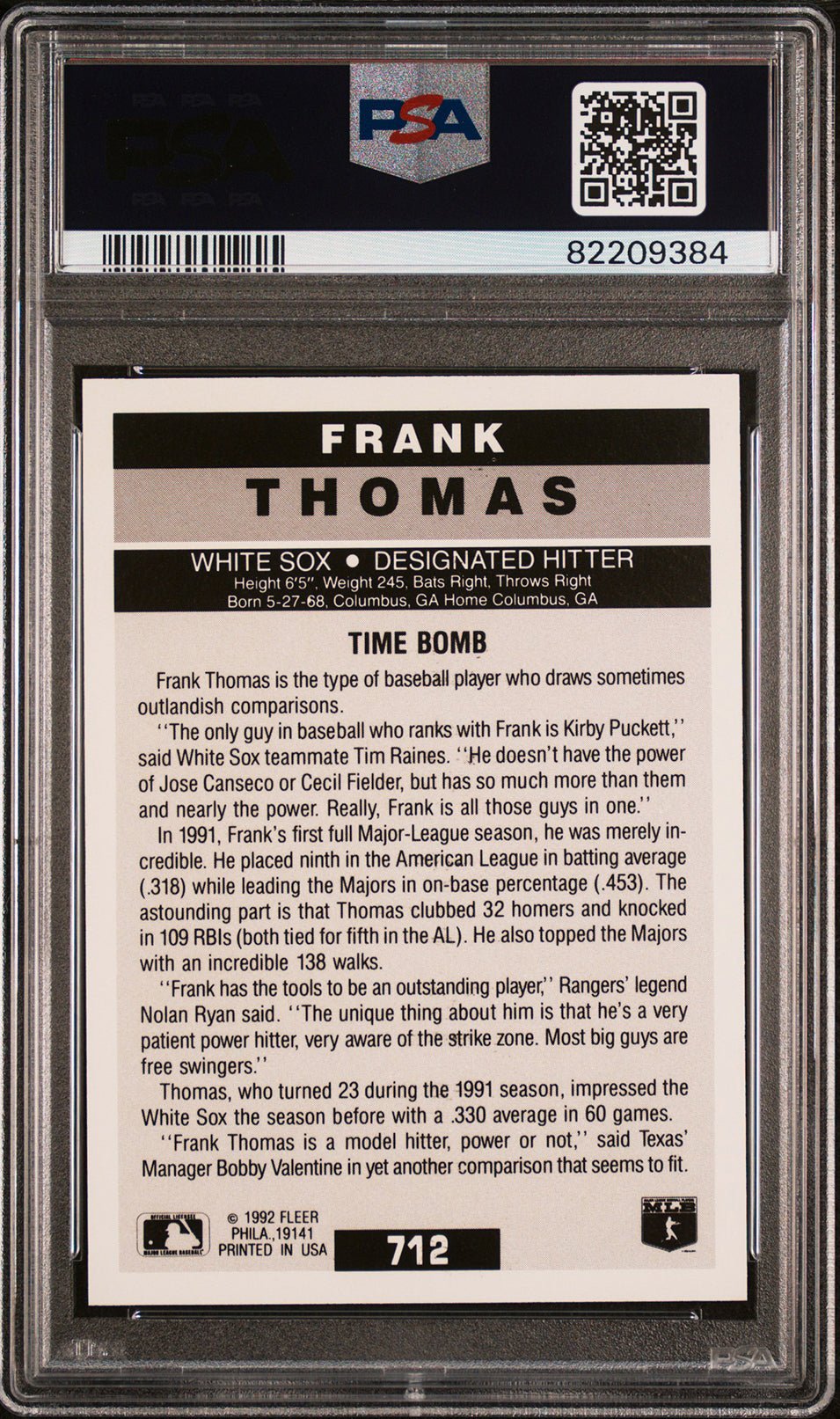 FRANK THOMAS PSA 9 1992 Fleer #712 C1 Baseball Base Graded Cards - Hobby Gems