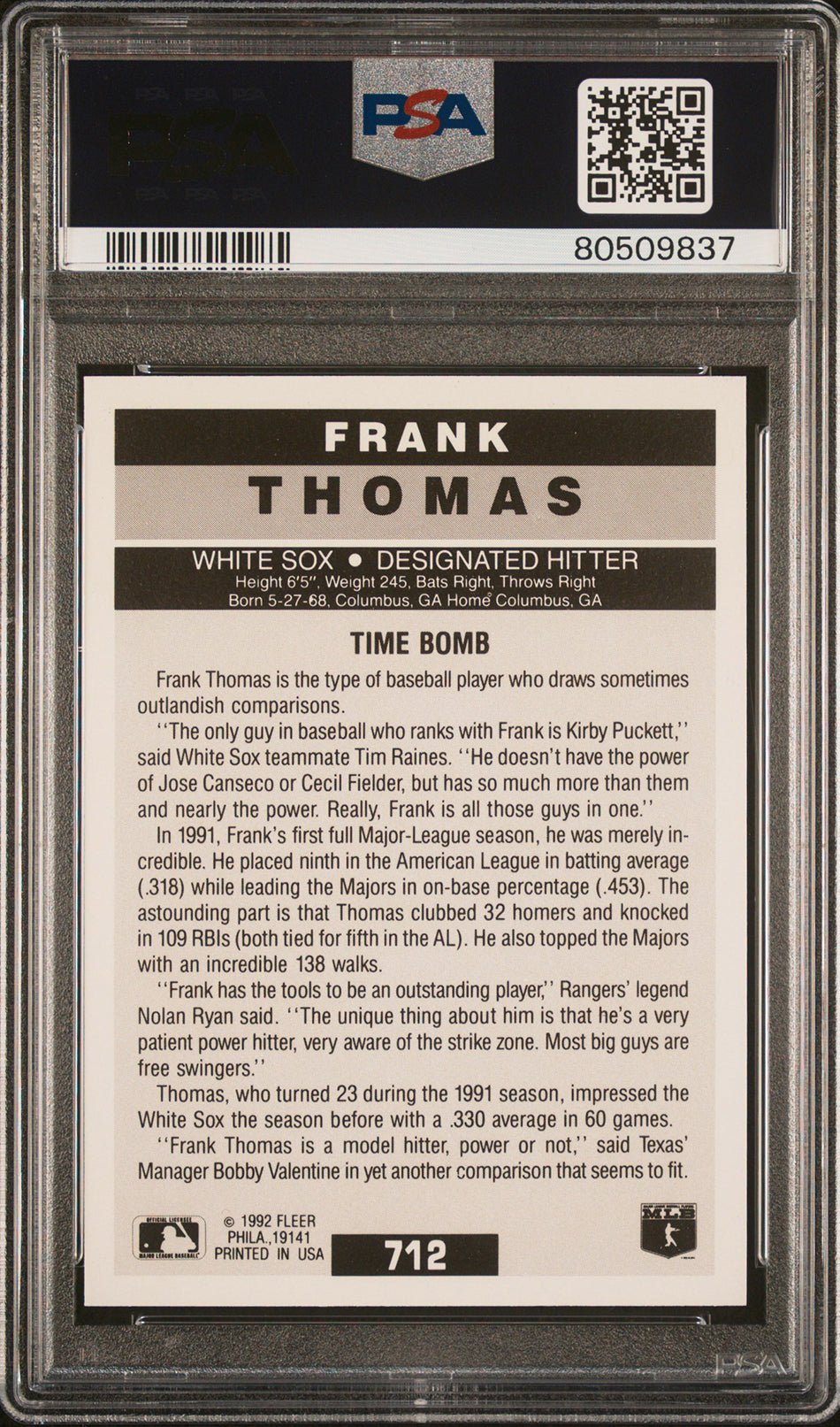 FRANK THOMAS PSA 9 1992 Fleer #712 C2 Baseball Base Graded Cards - Hobby Gems