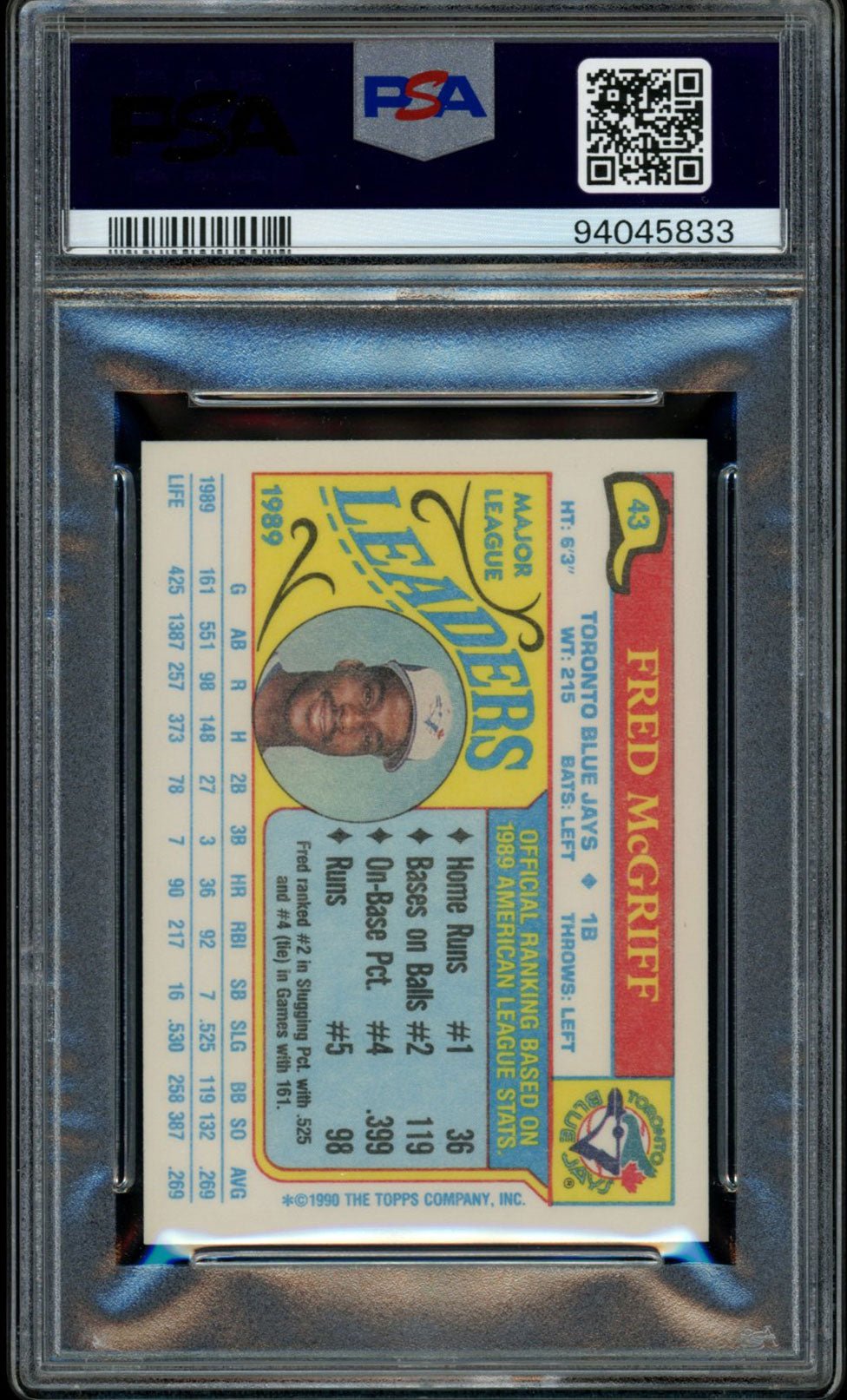 FRED MCGRIFF PSA 9 1990 Topps Mini League Leaders #43 Baseball Base Graded Cards - Hobby Gems