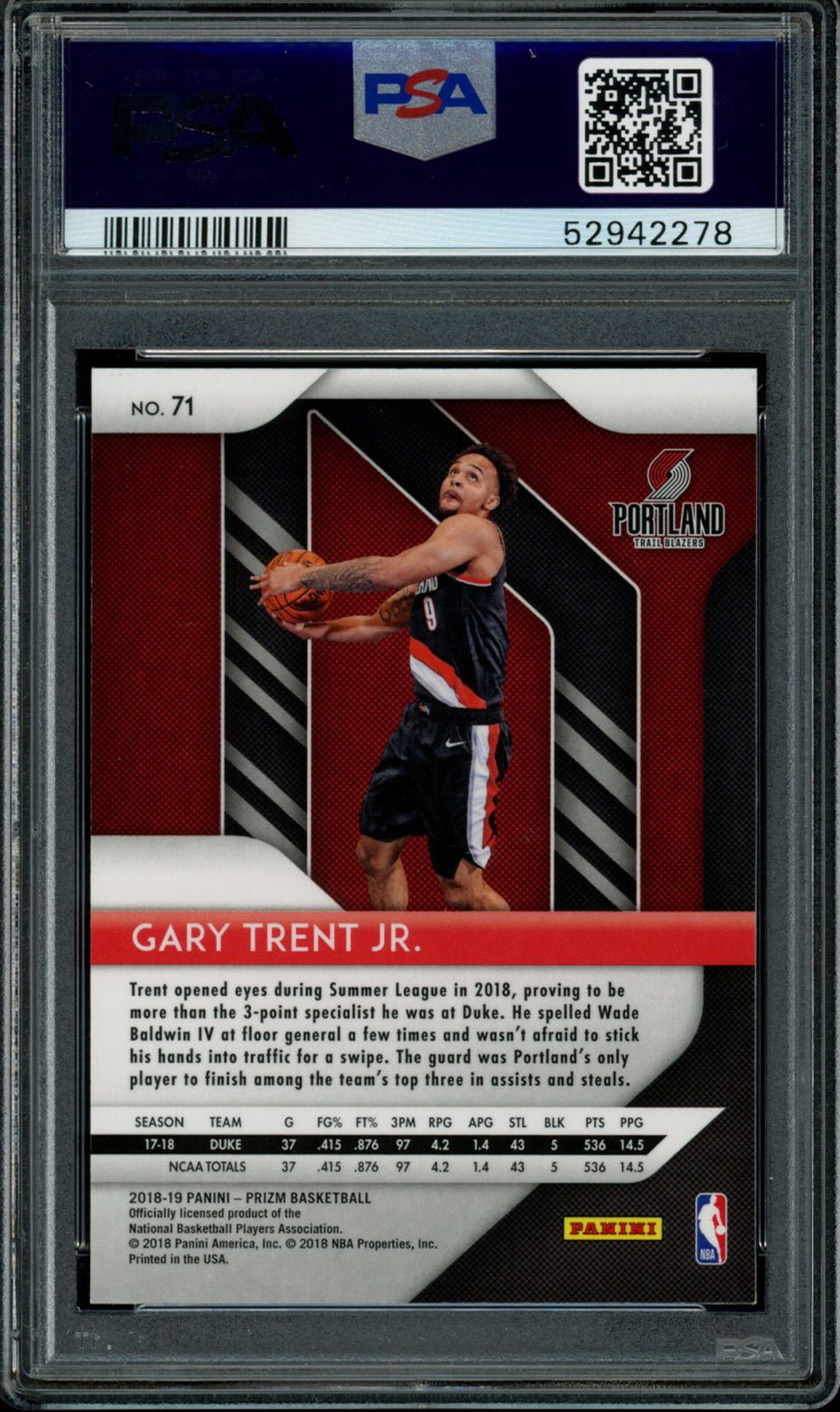 GARY TRENT JR PSA 10 2018-19 Panini Prizm RC #71 Basketball Base Graded Cards RC - Hobby Gems