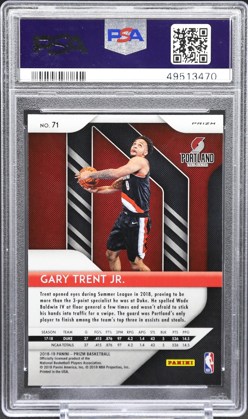 GARY TRENT JR PSA 10 2018-19 Panini Prizm RC Silver Prizm #71 Basketball Graded Cards Parallel RC - Hobby Gems