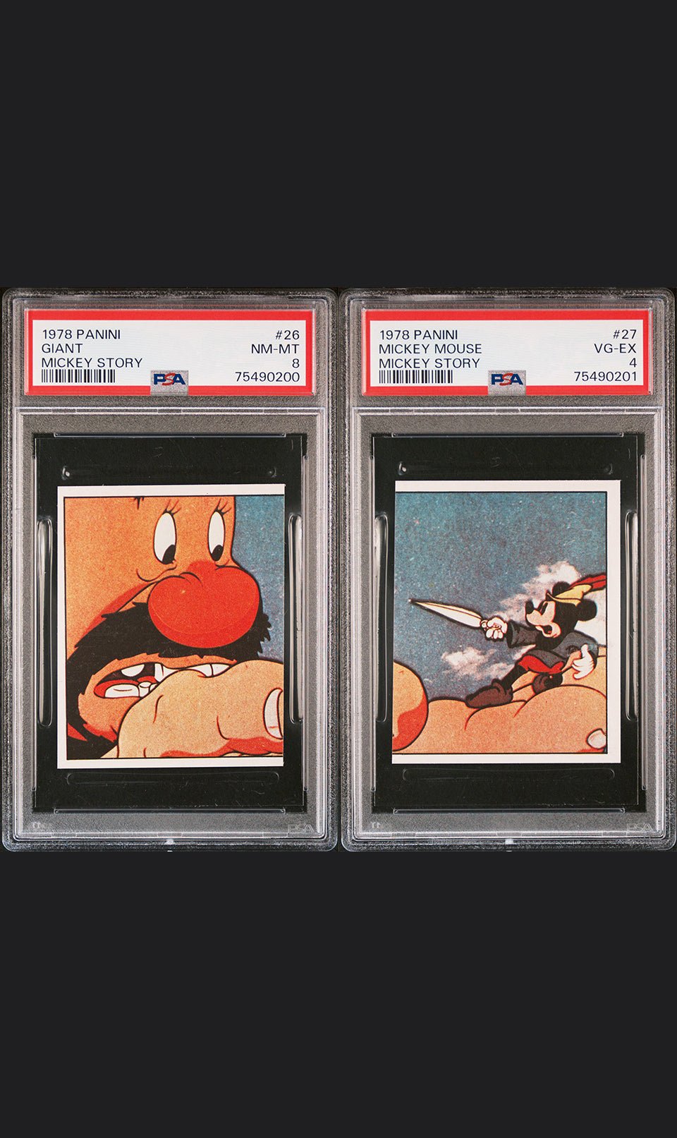 GIANT & MICKEY MOUSE PSA 4 & 8 1978 Panini Mickey Story Sticker #26 & 27 Disney Base Graded Cards - Hobby Gems