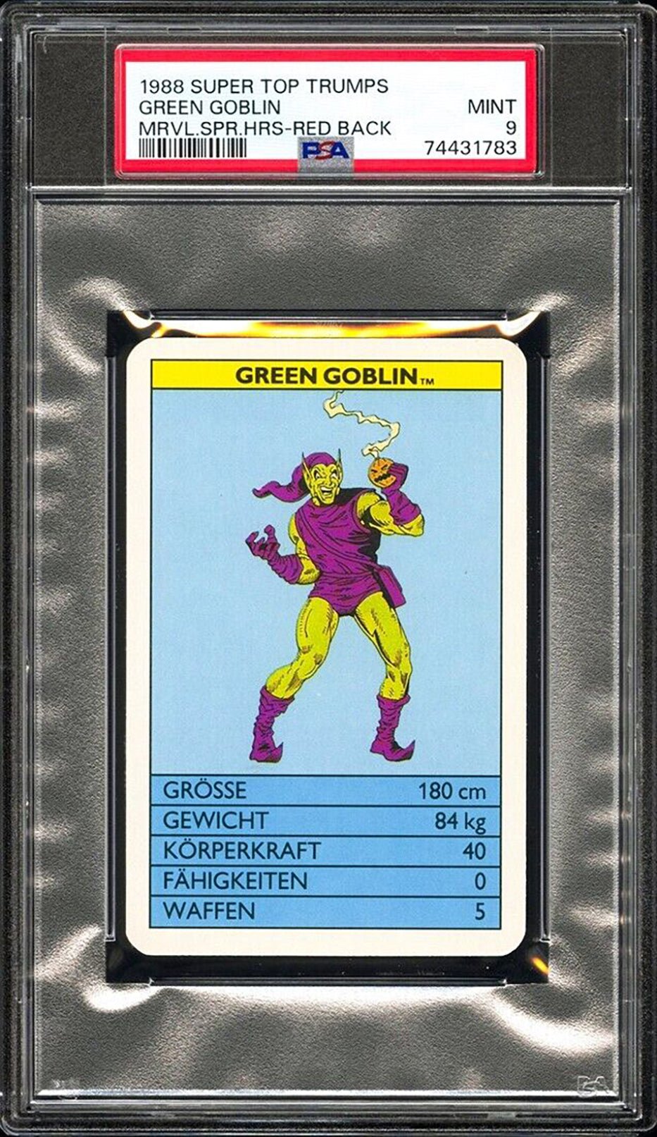 GREEN GOBLIN PSA 9 1988 Super Top Trumps Marvel Super Heroes Red Back Marvel Base Graded Cards - Hobby Gems