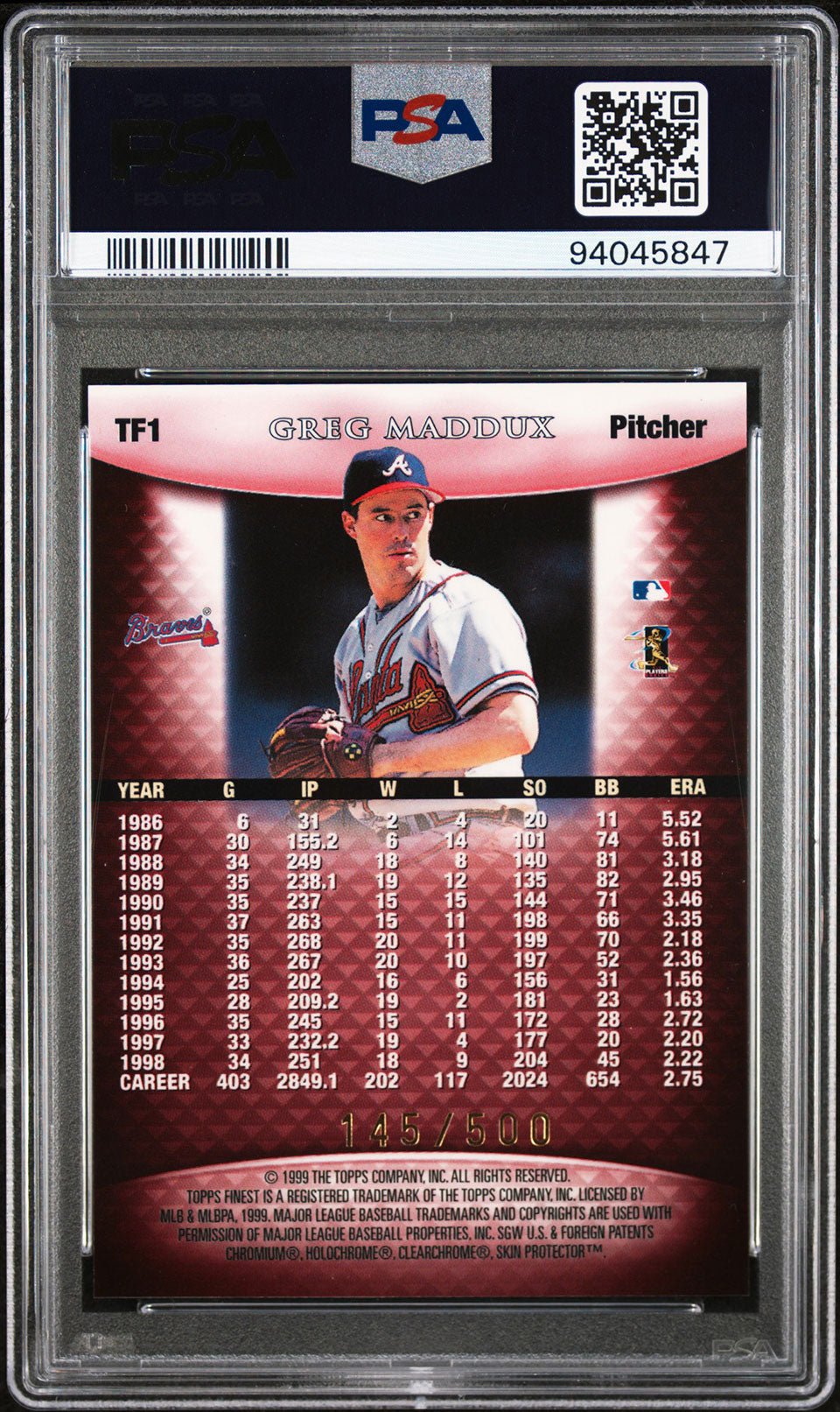 GREG MADDUX PSA 10 1999 Topps Finest Team Finest Red #TF1 145/500 Baseball Graded Cards Parallel Serial Numbered - Hobby Gems