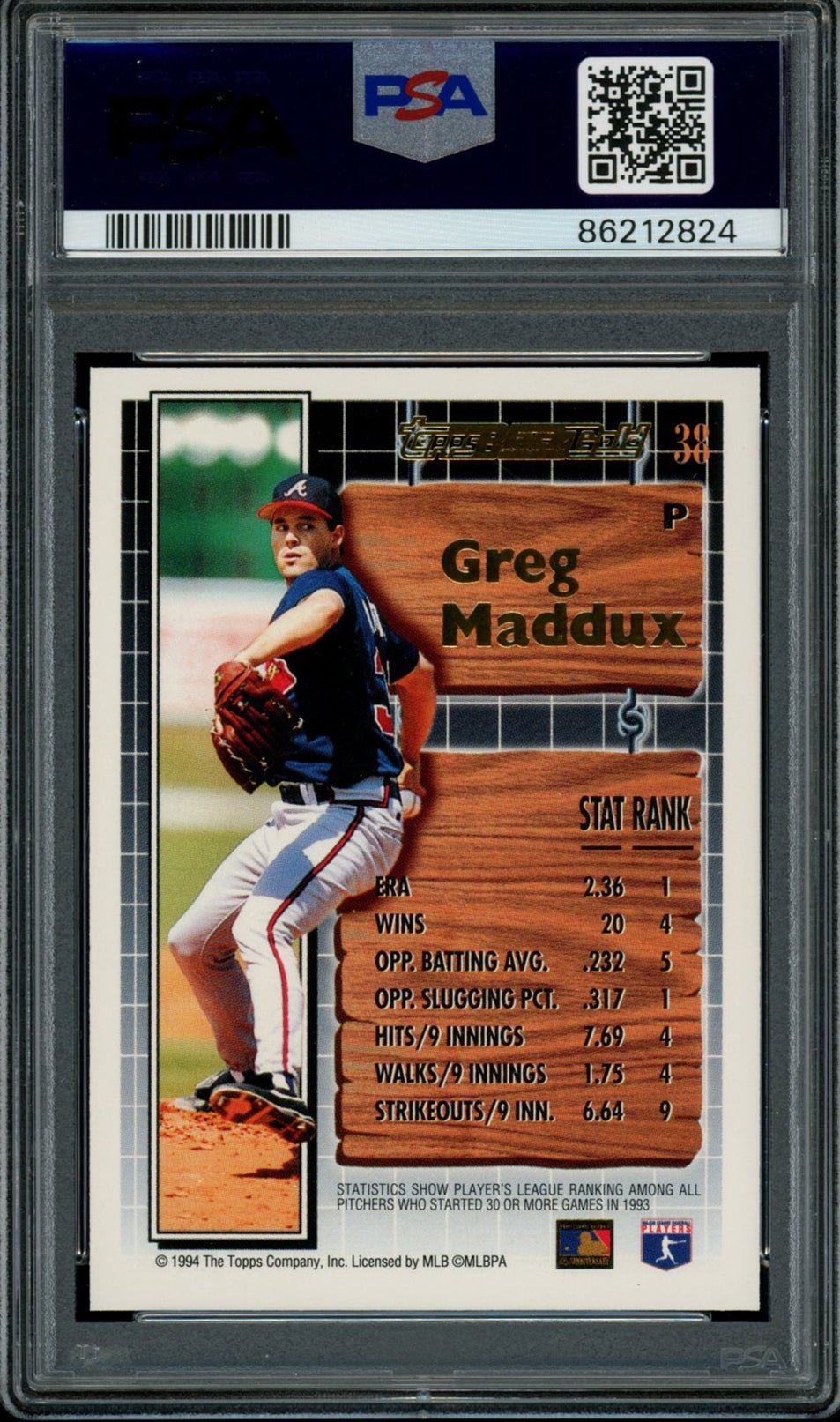 GREG MADDUX PSA 9 1994 Topps Black Gold #38 Baseball Graded Cards Insert - Hobby Gems