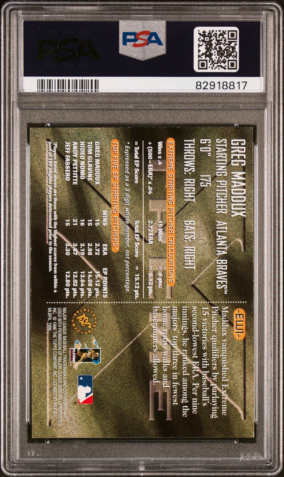 GREG MADDUX PSA 9 1996 Stadium Club Extreme Winners Bronze #EW1 Baseball Graded Cards Insert - Hobby Gems