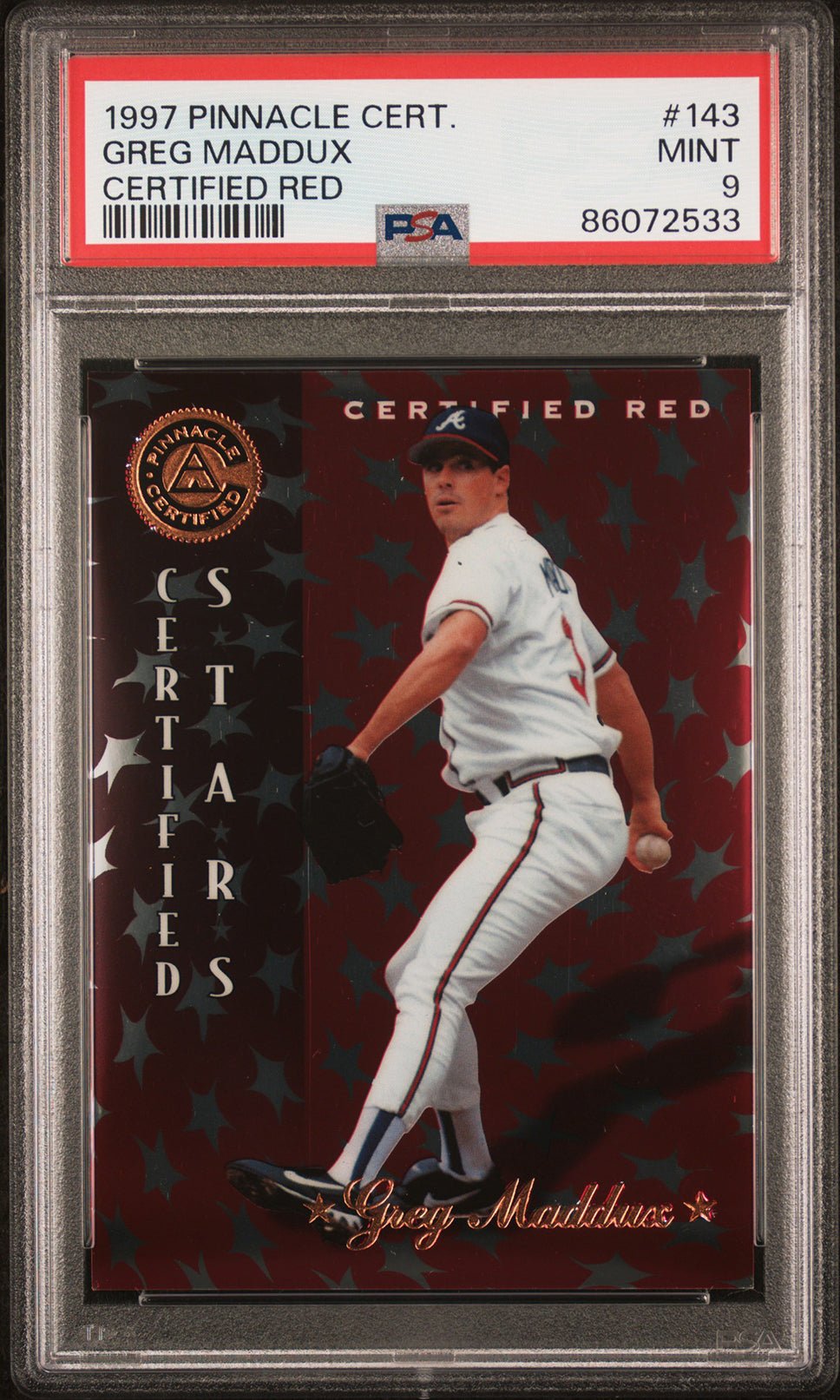 GREG MADDUX PSA 9 1997 Pinnacle Certified Red #143 Baseball Graded Cards Parallel - Hobby Gems