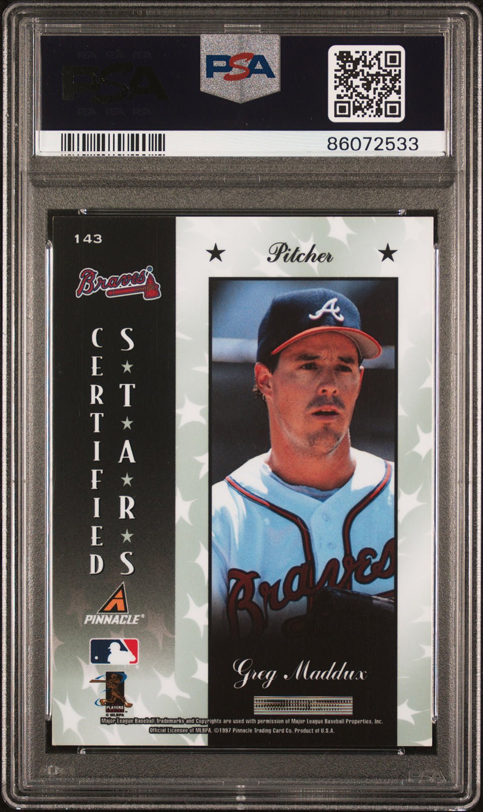 GREG MADDUX PSA 9 1997 Pinnacle Certified Red #143 Baseball Graded Cards Parallel - Hobby Gems