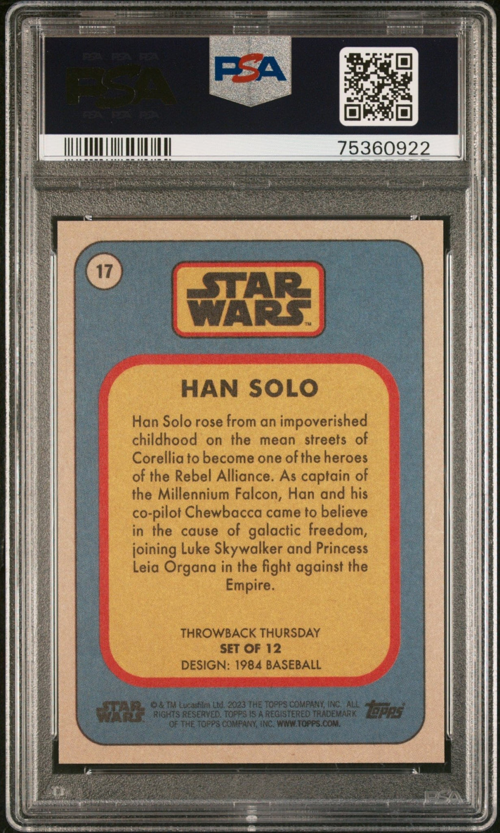 HAN SOLO PSA 10 2023 Topps Star Wars Throwback Thursday TBT #17 C2 Star Wars Base Graded Cards - Hobby Gems