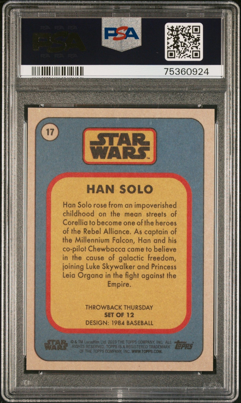 HAN SOLO PSA 10 2023 Topps Star Wars Throwback Thursday TBT #17 C4 Star Wars Base Graded Cards - Hobby Gems