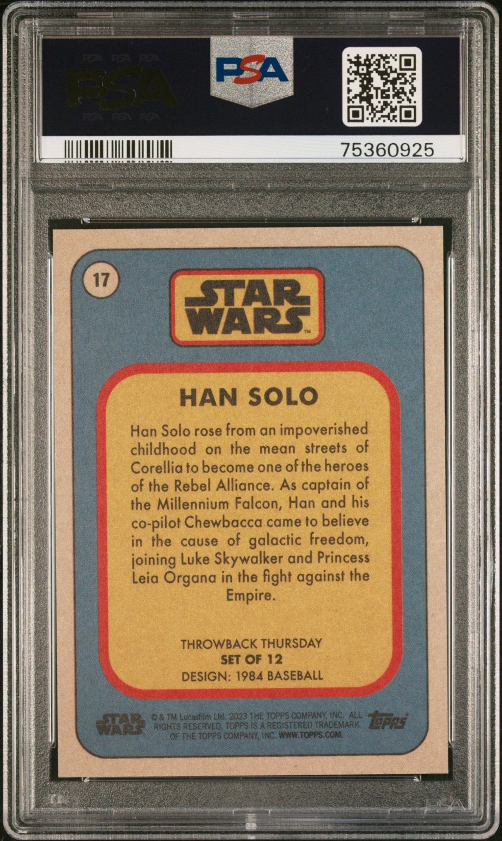 HAN SOLO PSA 10 2023 Topps Star Wars Throwback Thursday TBT #17 C5 Star Wars Base Graded Cards - Hobby Gems