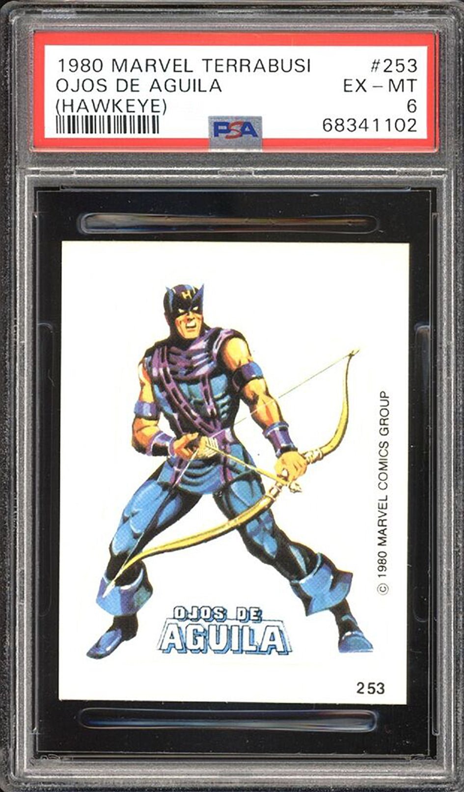 HAWKEYE PSA 6 1980 Marvel Terrabusi Sticker #253 Ojos de Aguila C2 Marvel Graded Cards Sticker - Hobby Gems