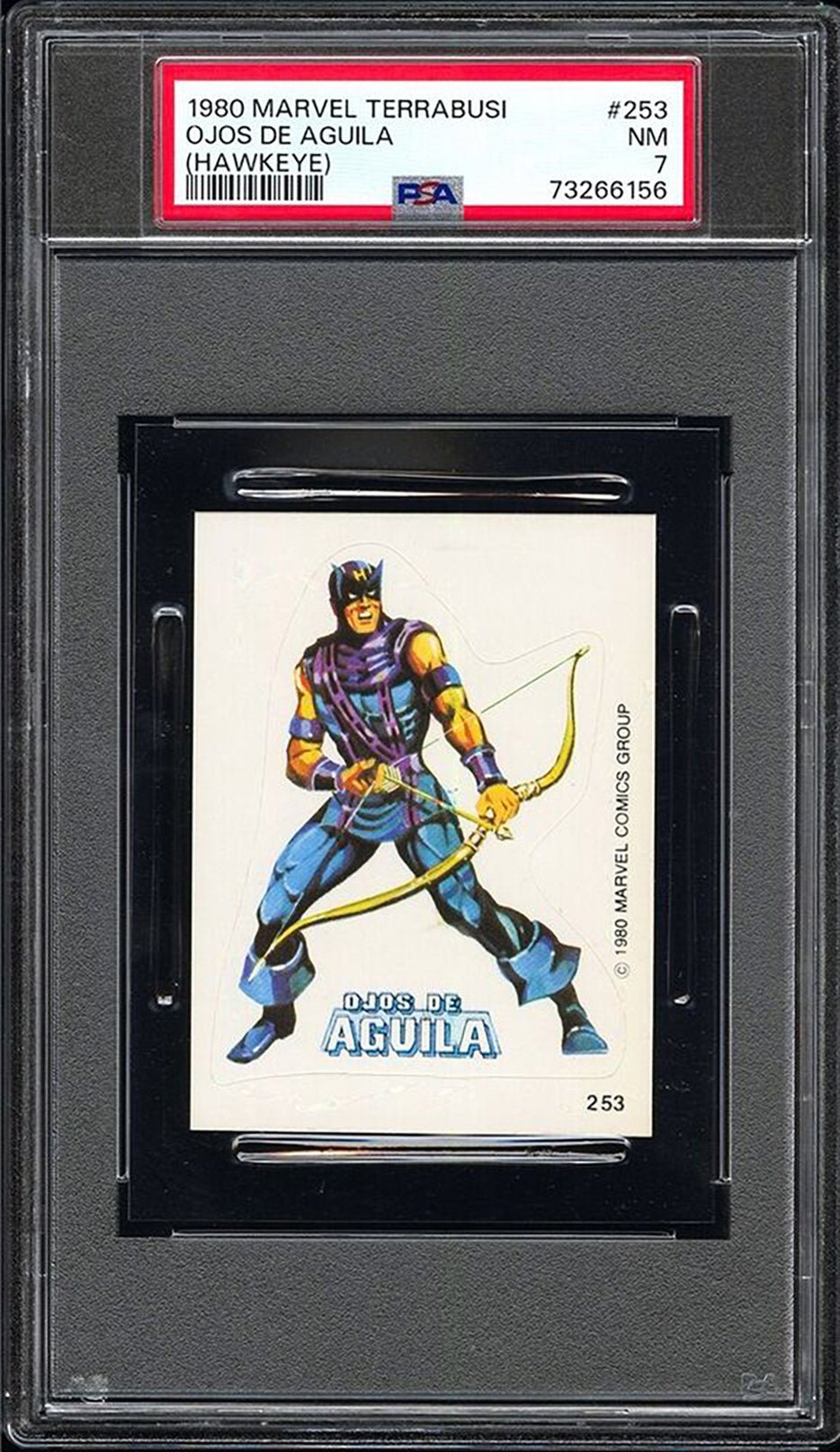 HAWKEYE PSA 7 1980 Terrabusi Marvel Superheroes Sticker #253 Marvel Graded Cards Sticker - Hobby Gems