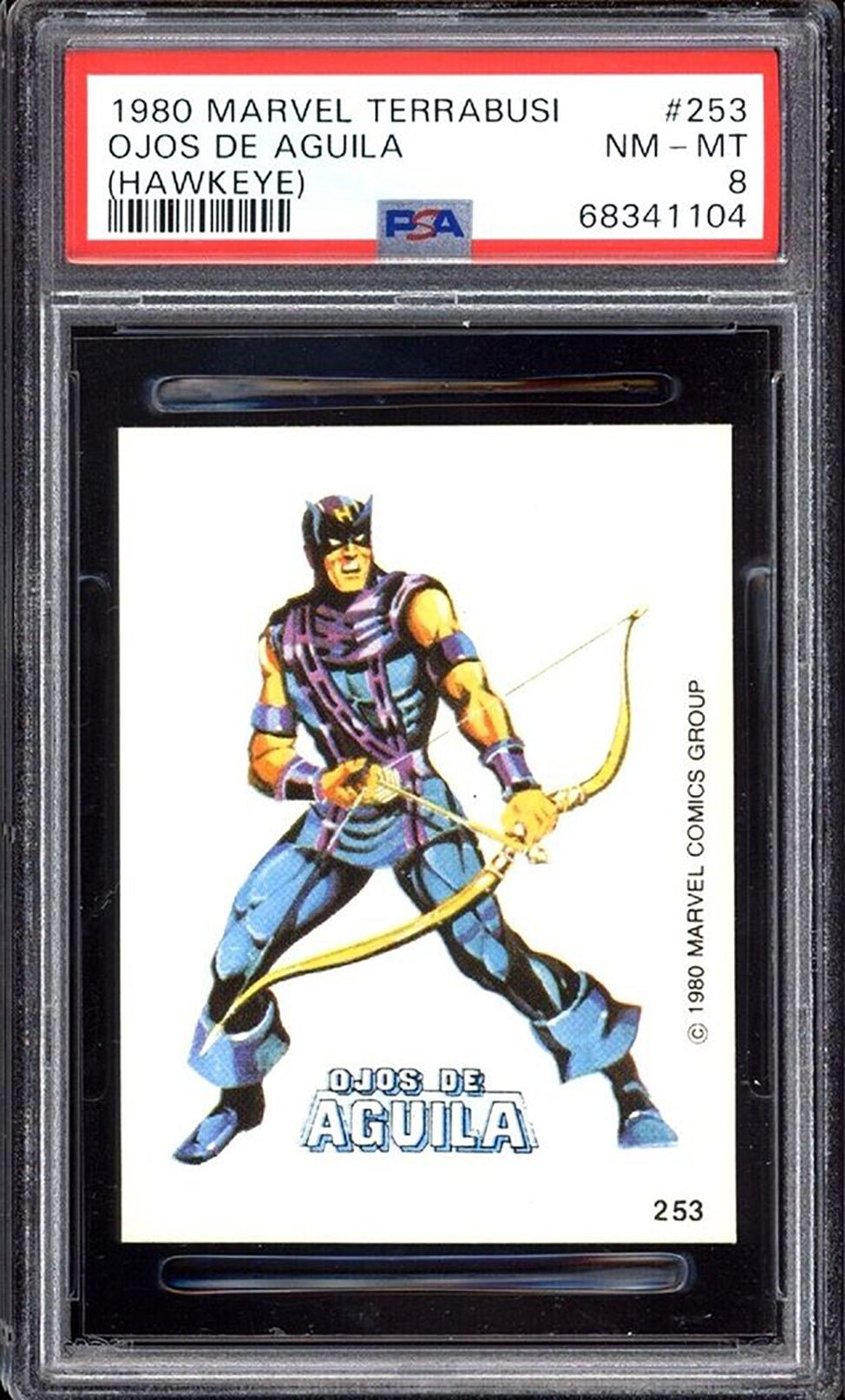 HAWKEYE PSA 8 1980 Marvel Terrabusi Sticker #253 Ojos de Aguila Marvel Graded Cards Sticker - Hobby Gems