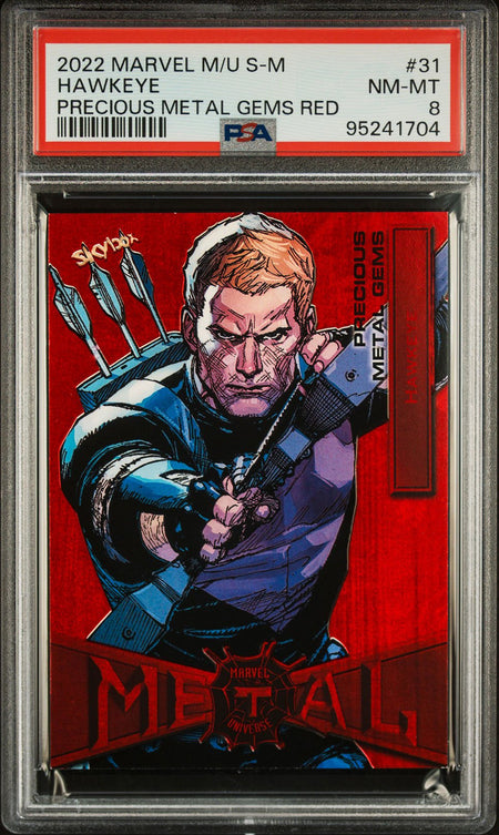 HAWKEYE PSA 8 2022 Marvel Metal Universe Spider - Man Precious Metal Gems PMG Red #31 16/100 Marvel Graded Cards Parallel Serial Numbered - Hobby Gems