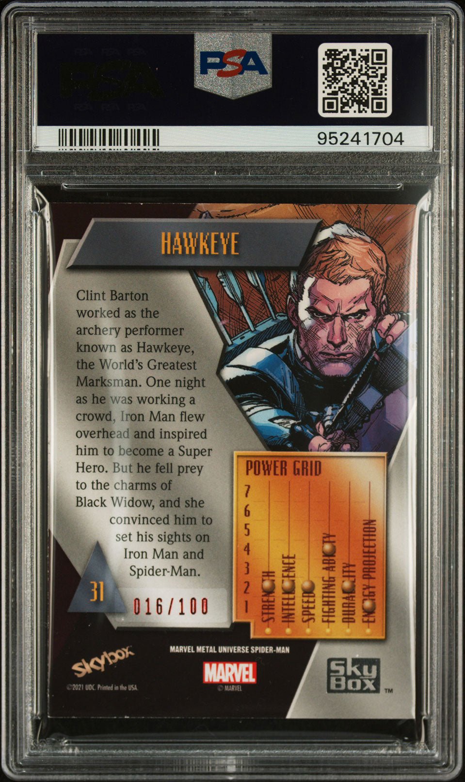 HAWKEYE PSA 8 2022 Marvel Metal Universe Spider - Man Precious Metal Gems PMG Red #31 16/100 Marvel Graded Cards Parallel Serial Numbered - Hobby Gems